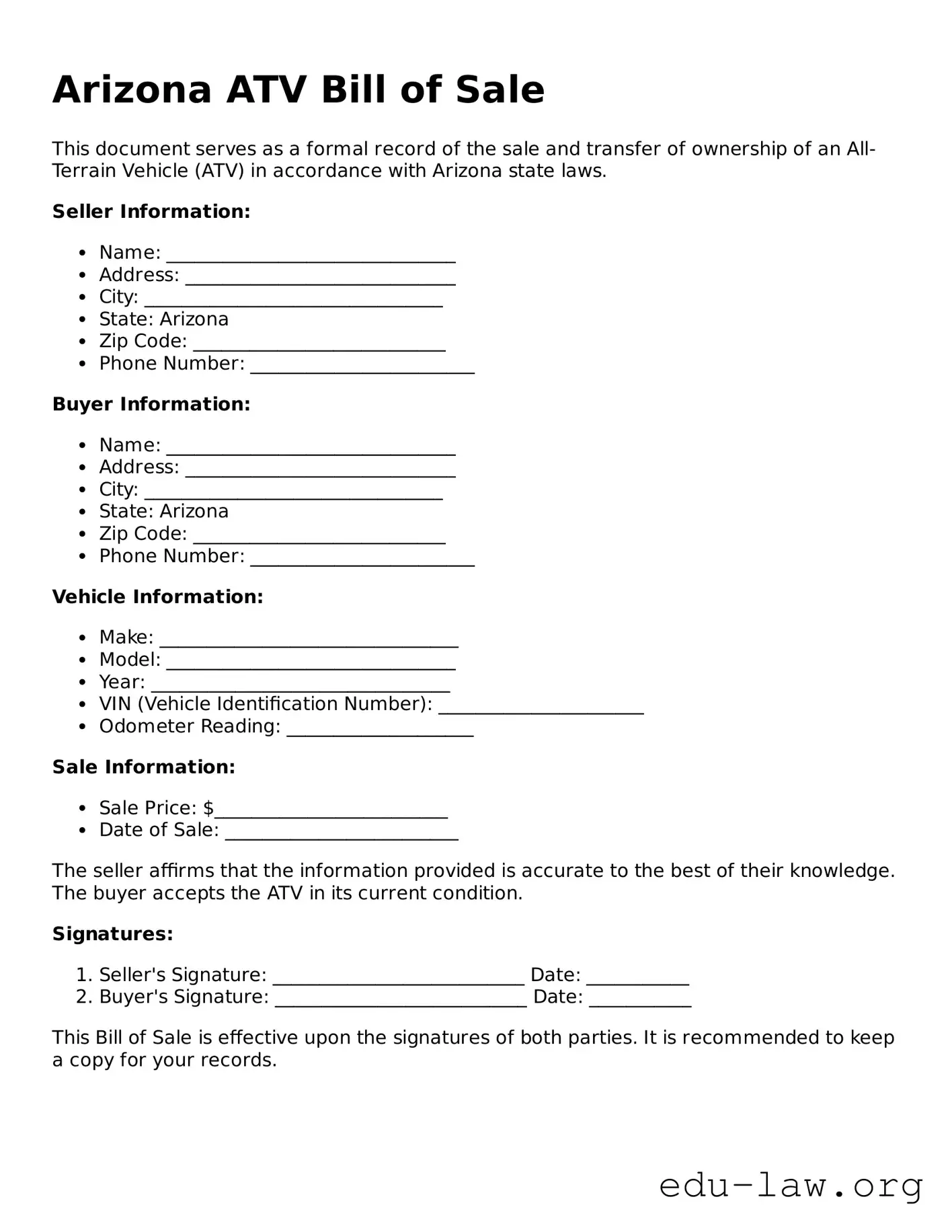 Legal  ATV Bill of Sale Template for Arizona