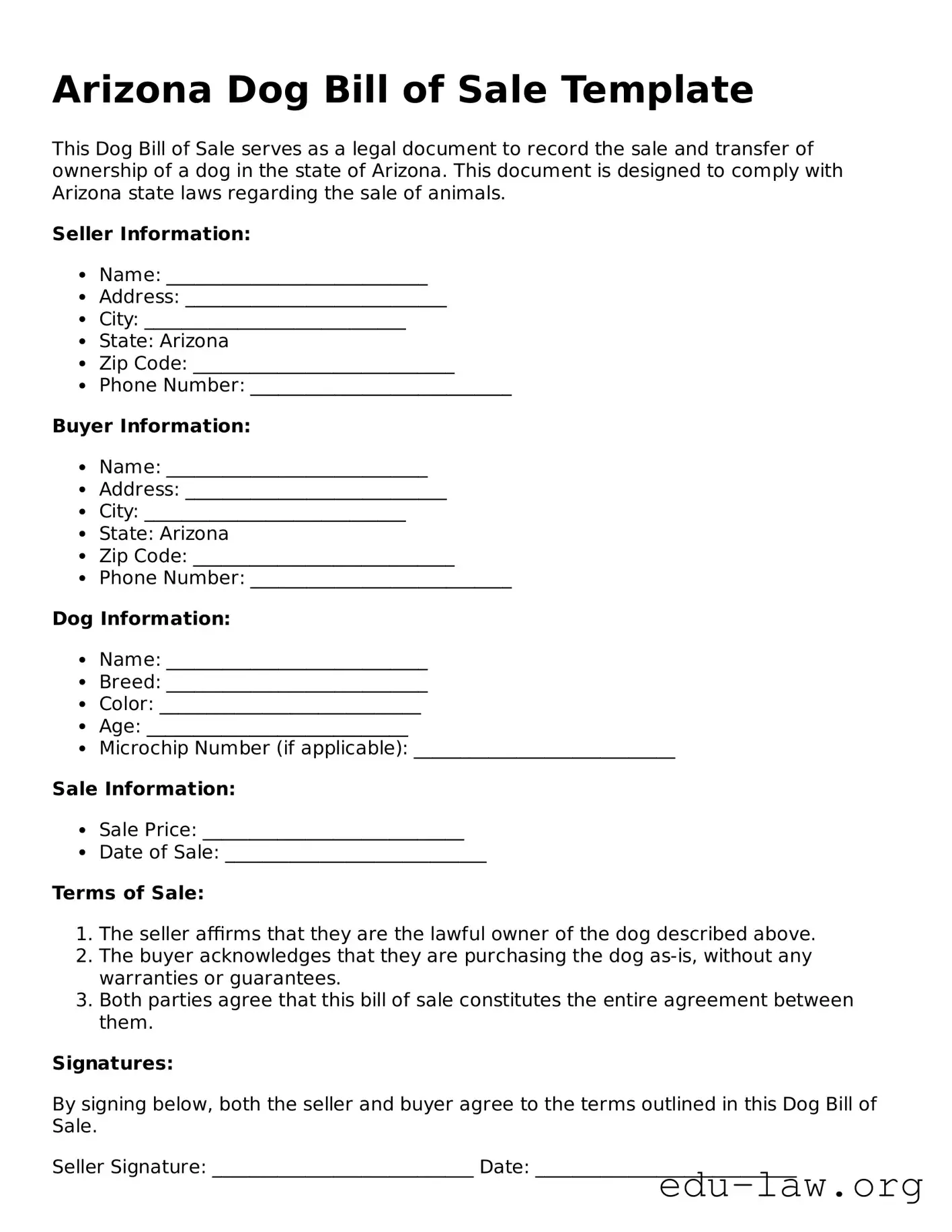 Legal  Dog Bill of Sale Template for Arizona