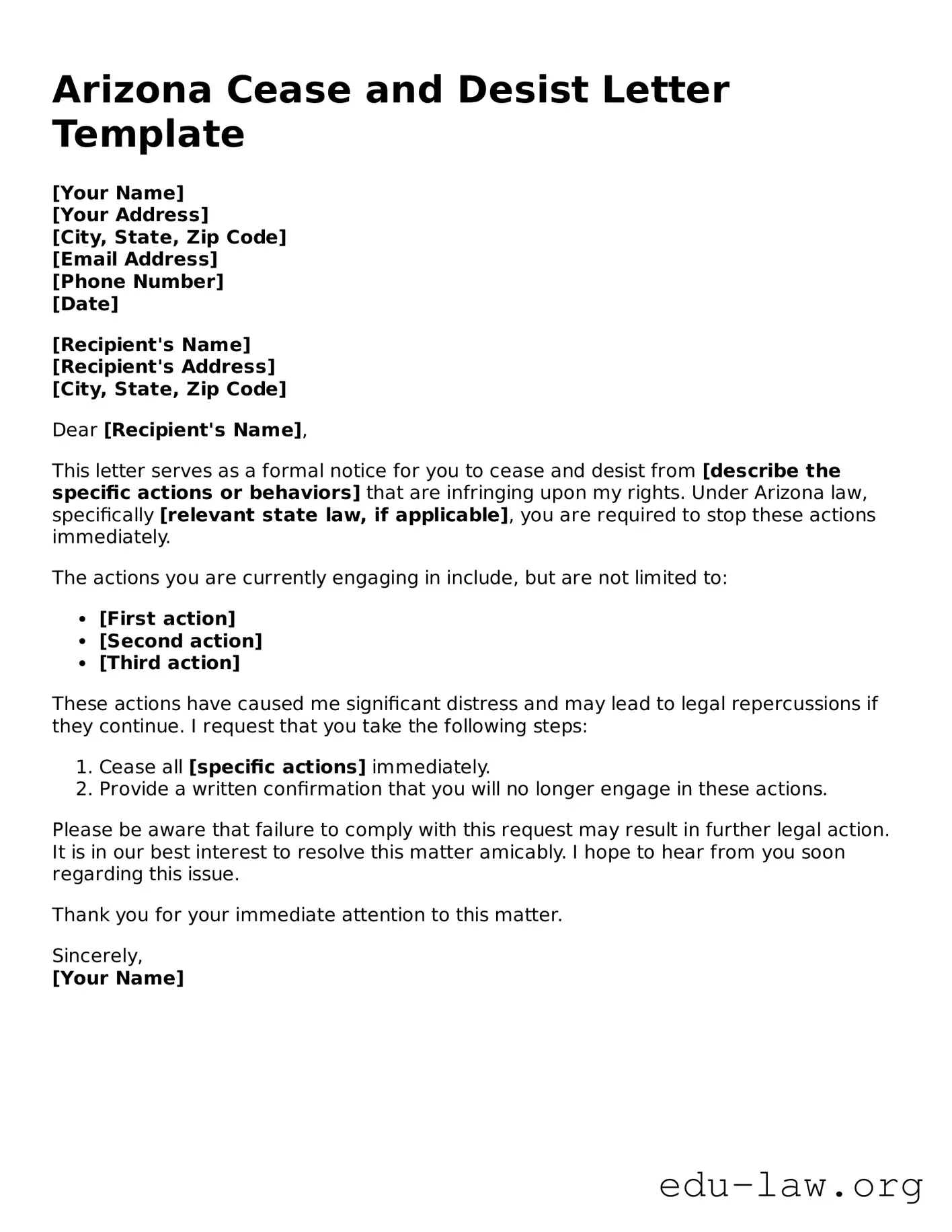 Legal  Cease and Desist Letter Template for Arizona