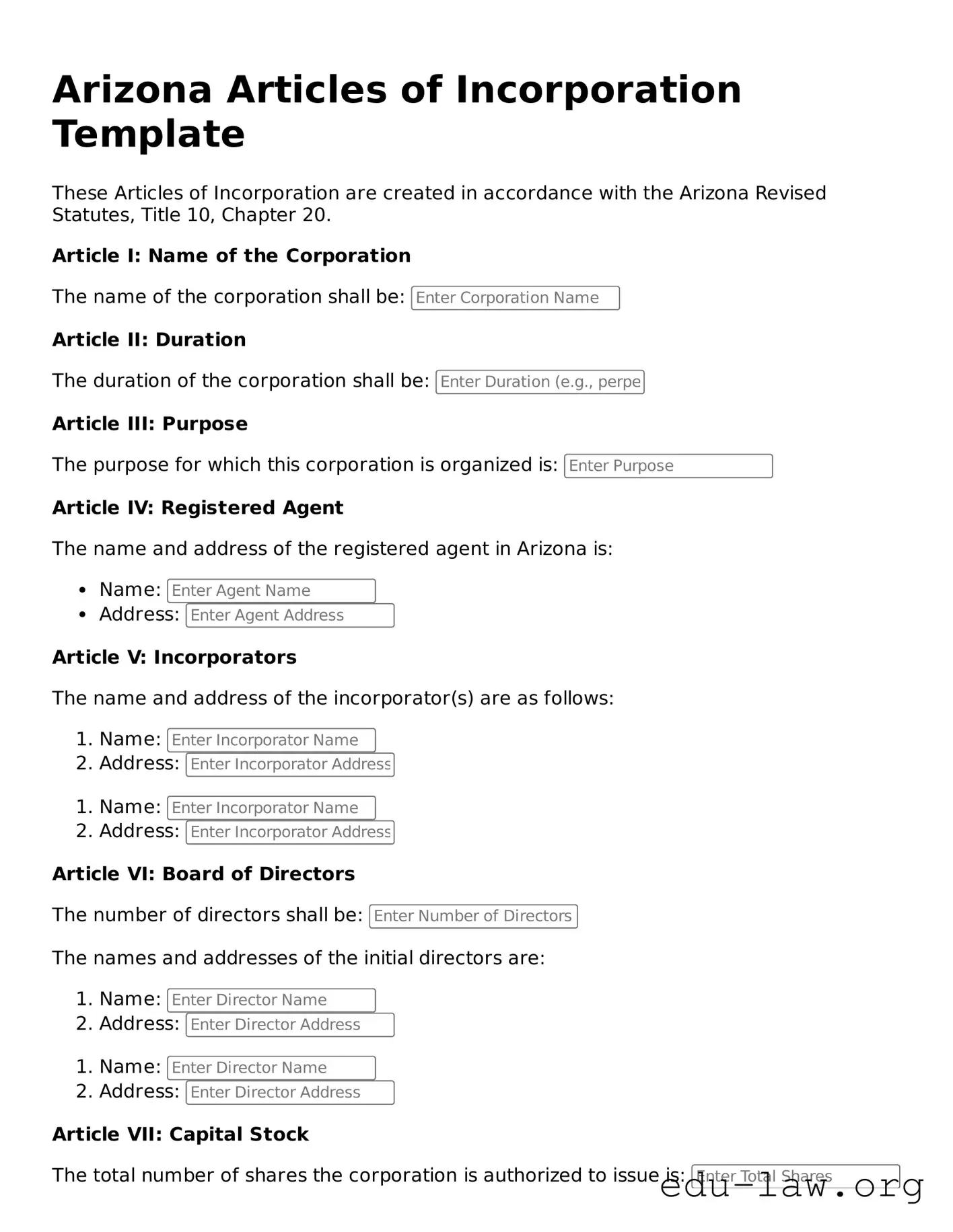 Legal  Articles of Incorporation Template for Arizona