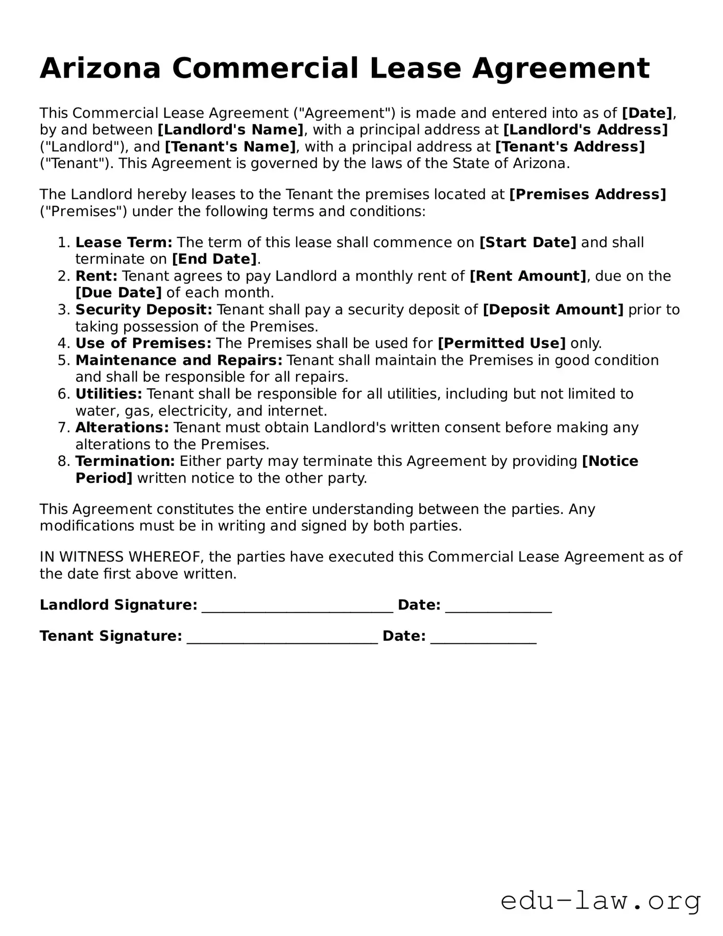 Legal  Commercial Lease Agreement Template for Arizona