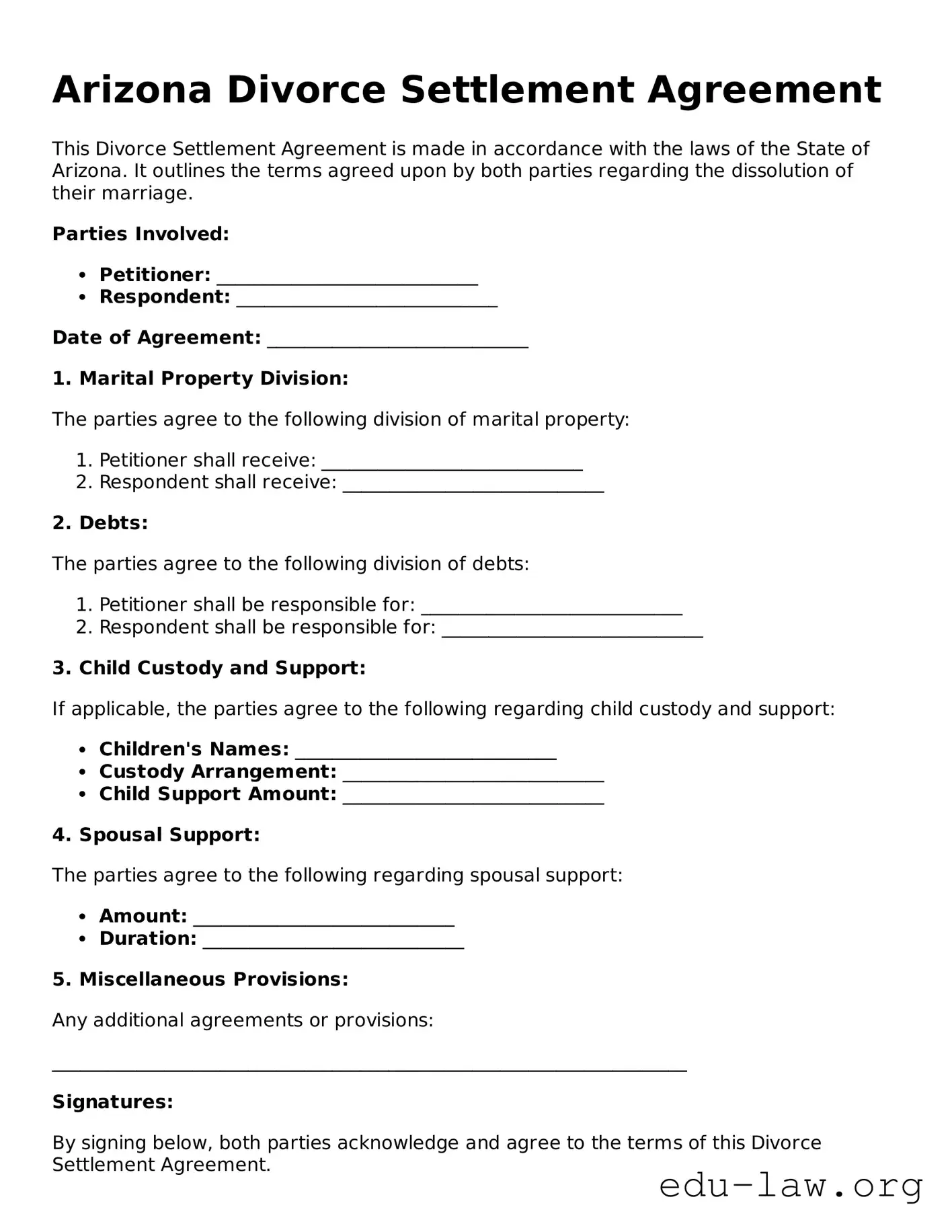 Legal  Divorce Settlement Agreement Template for Arizona