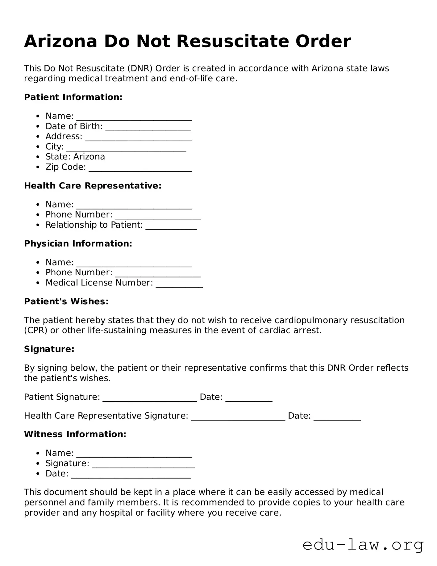 Legal  Do Not Resuscitate Order Template for Arizona