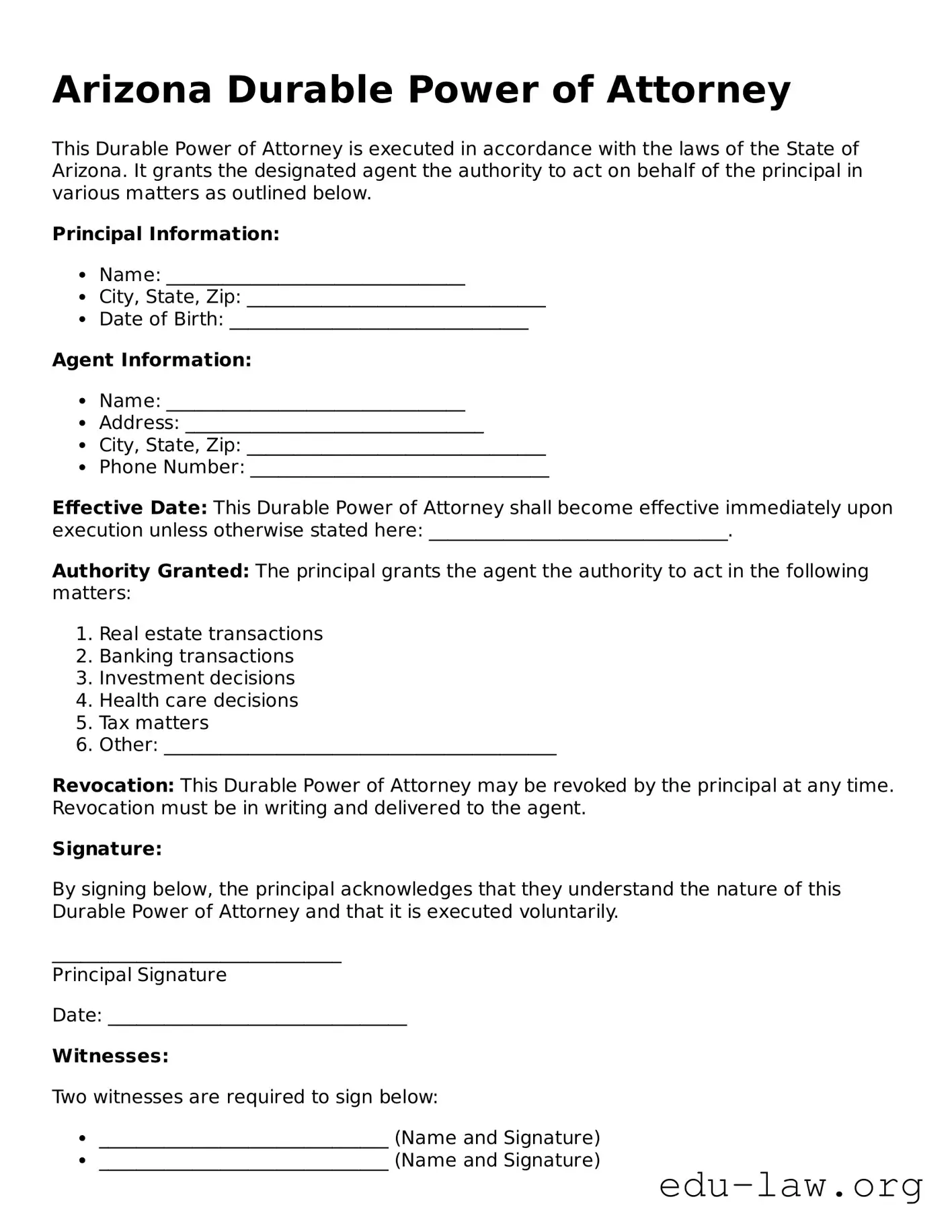 Legal  Durable Power of Attorney Template for Arizona