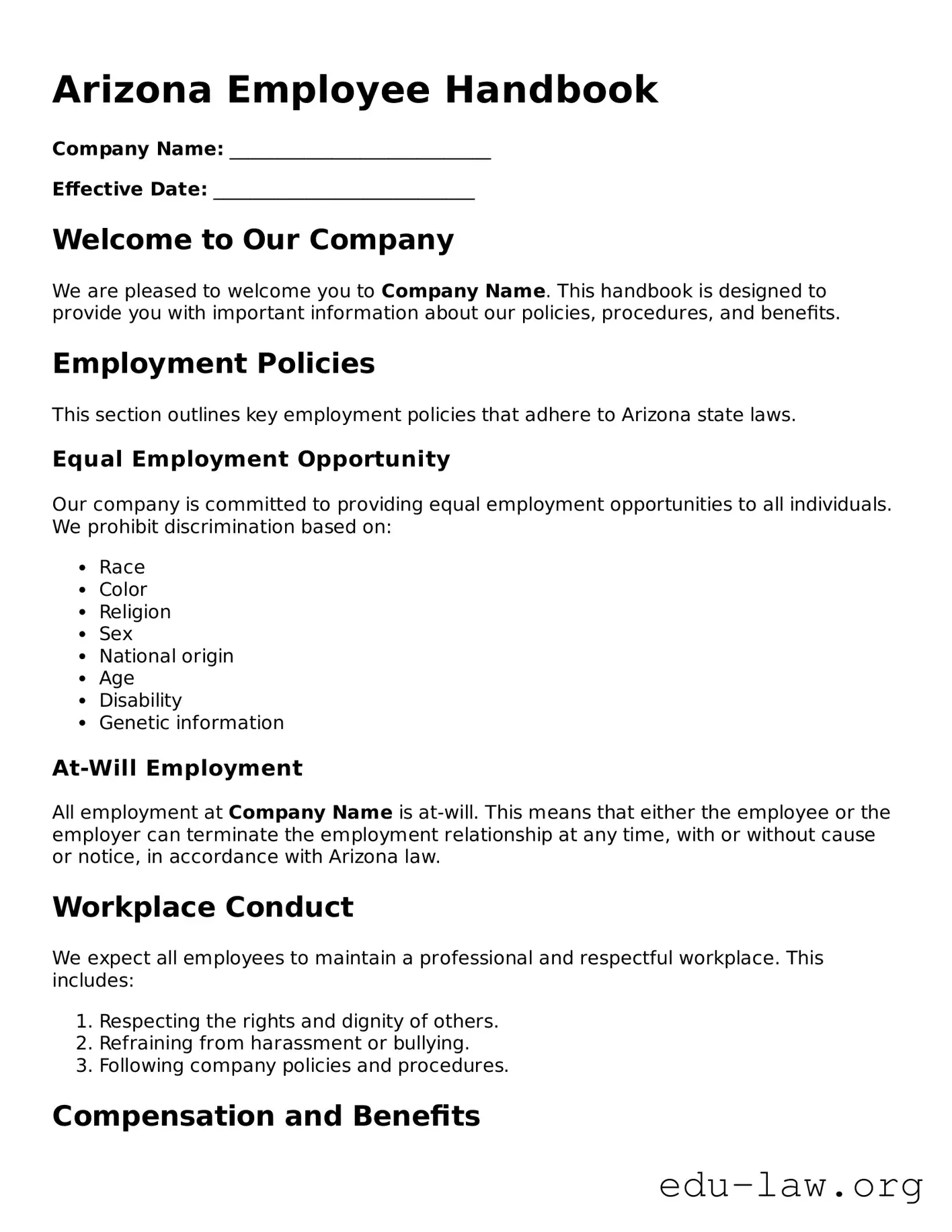 Legal  Employee Handbook Template for Arizona