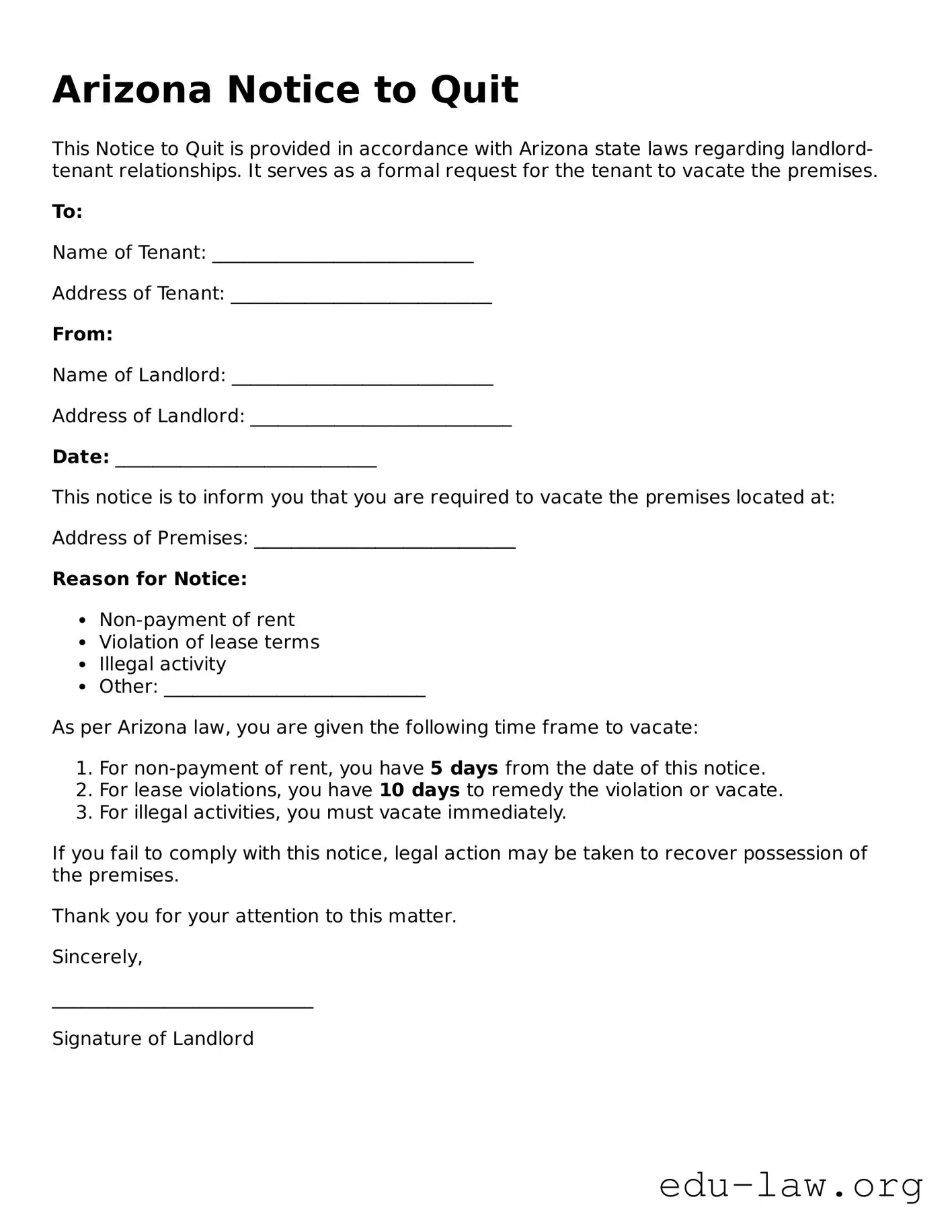 Legal  Notice to Quit Template for Arizona