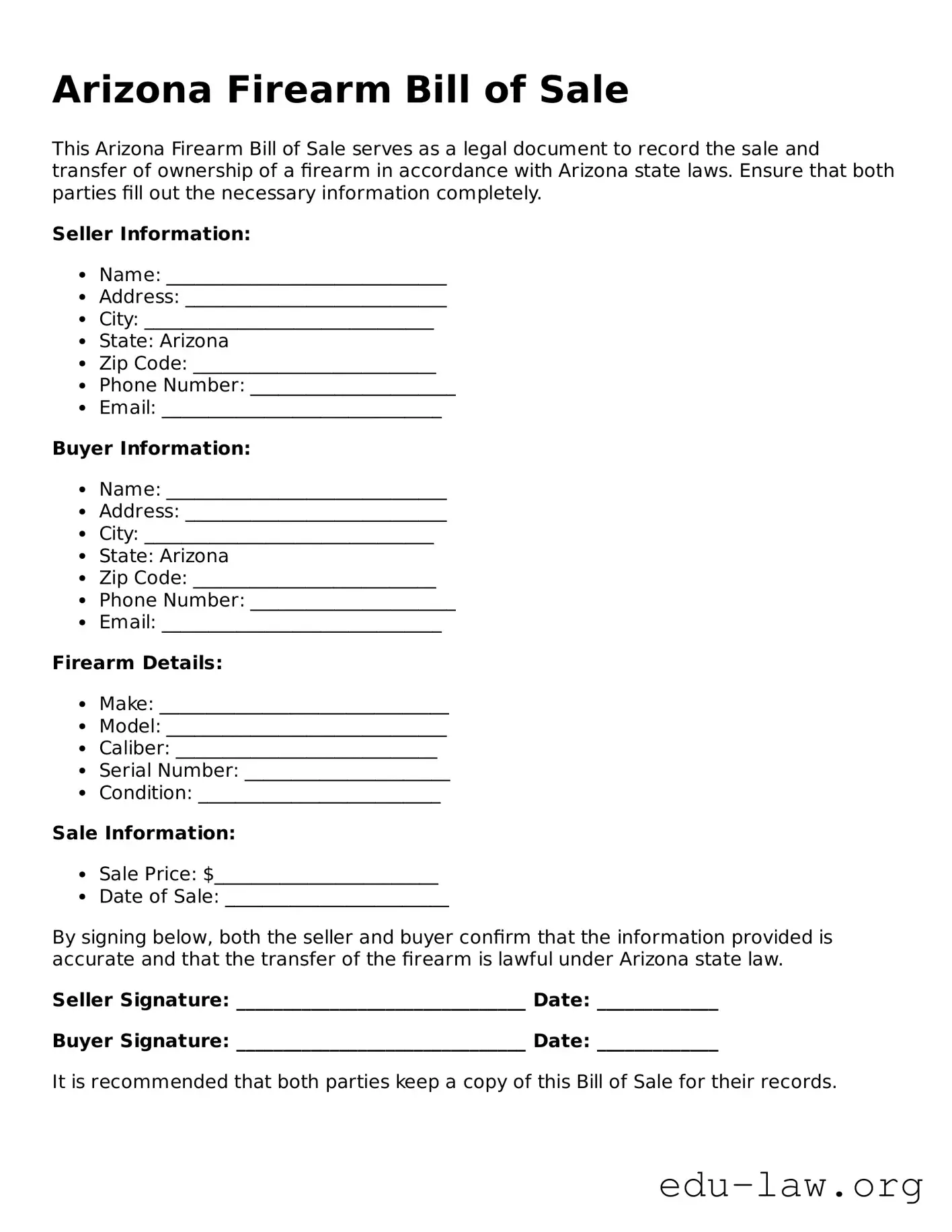 Legal  Firearm Bill of Sale Template for Arizona