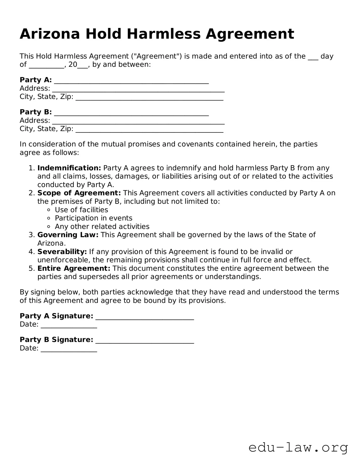 Legal  Hold Harmless Agreement Template for Arizona