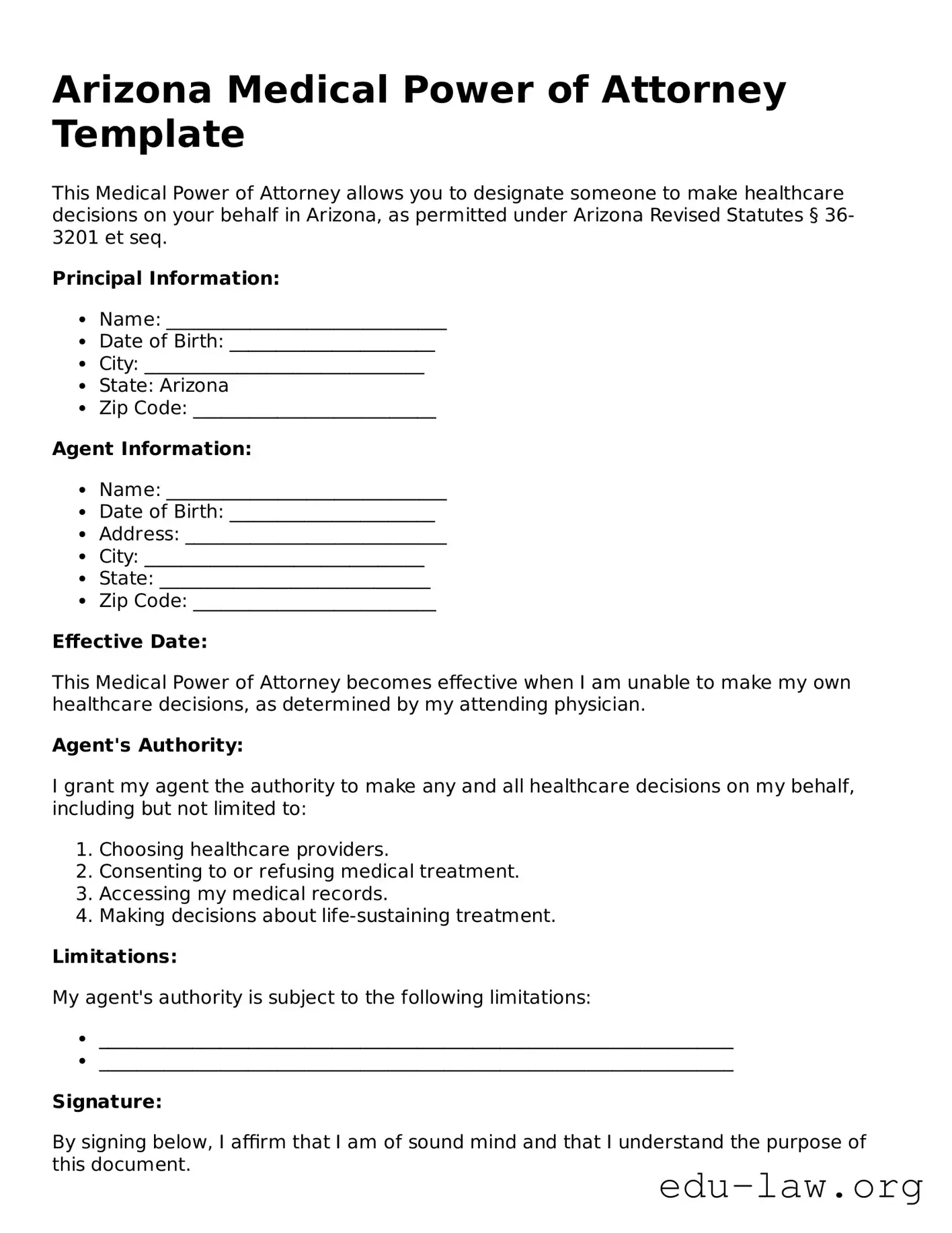 Legal  Medical Power of Attorney Template for Arizona