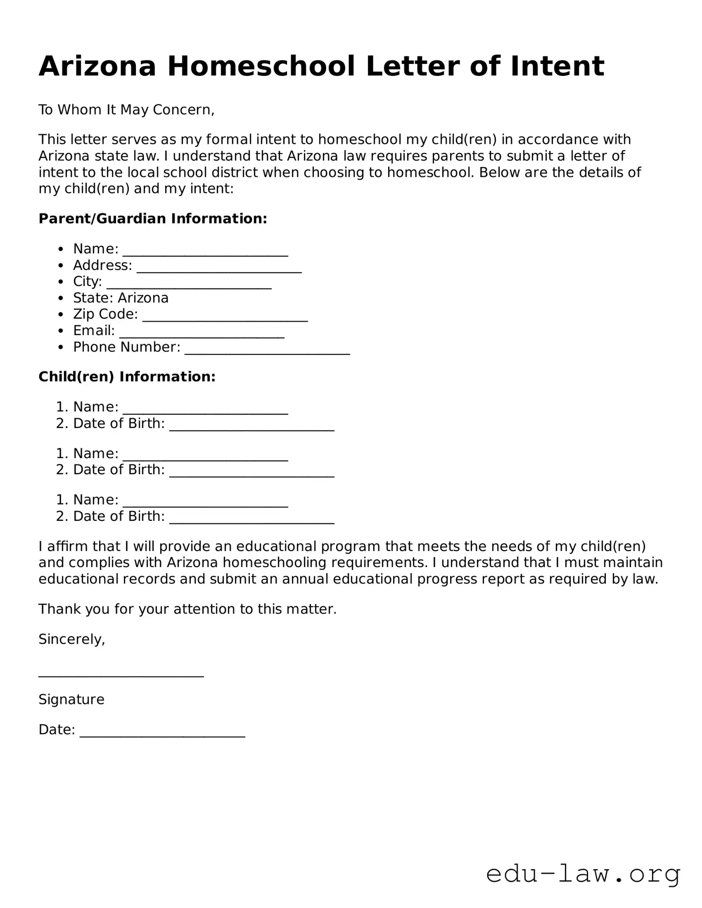 Legal  Homeschool Letter of Intent Template for Arizona