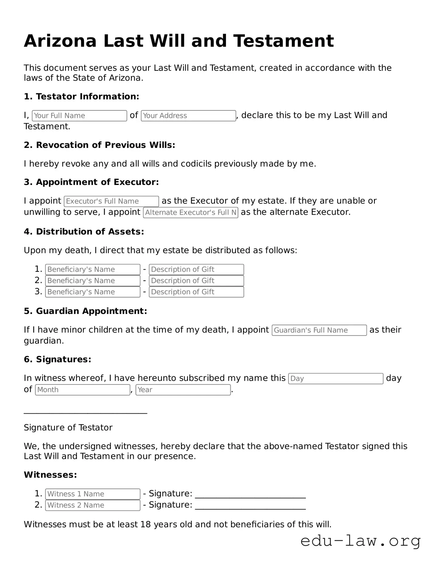 Legal  Last Will and Testament Template for Arizona