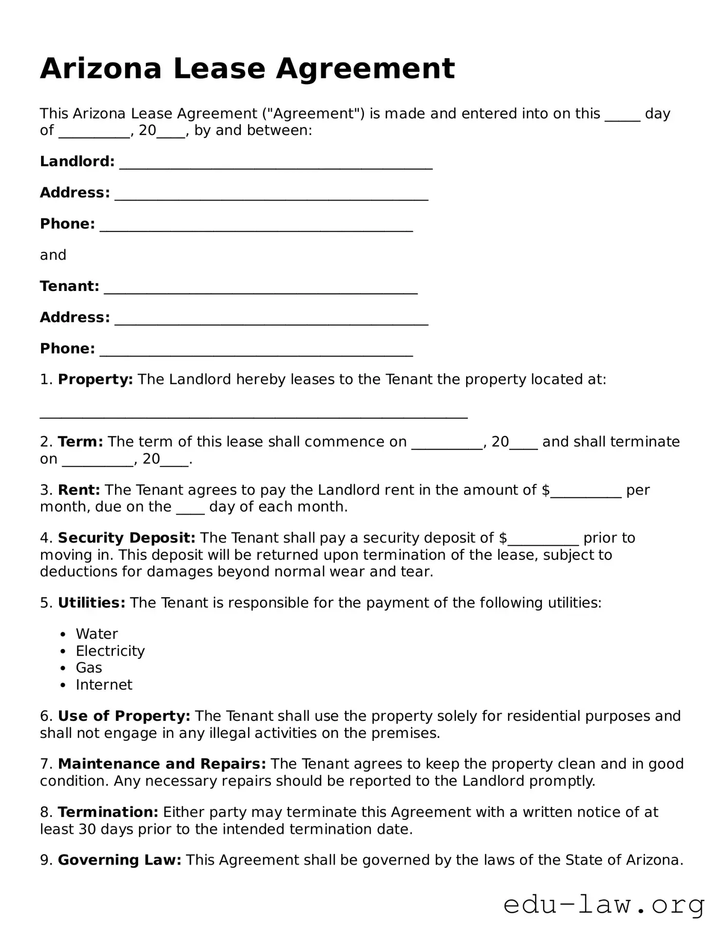 Legal  Lease Agreement Template for Arizona
