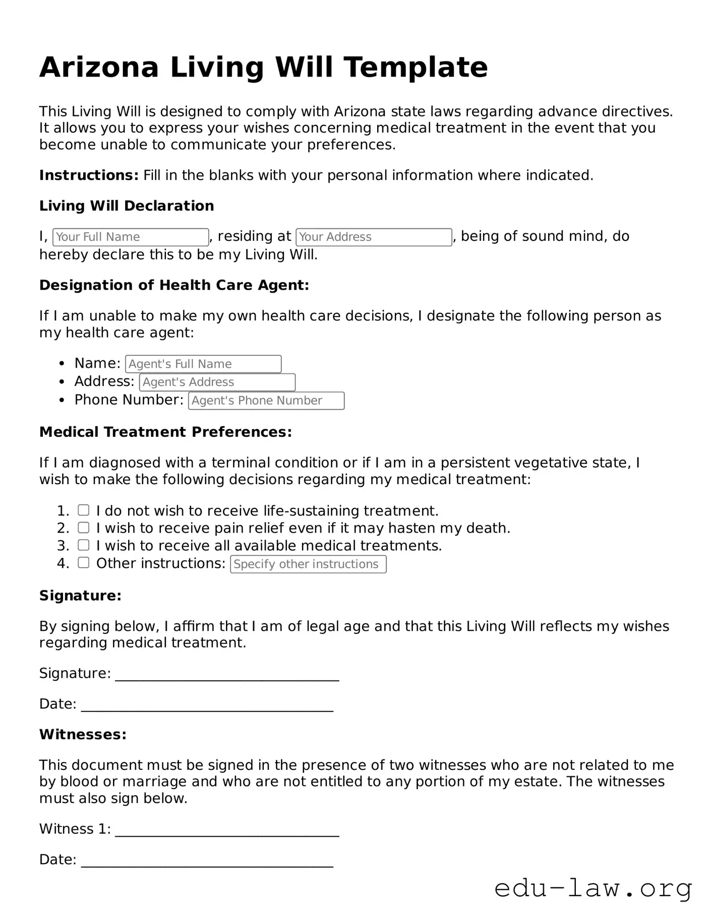 Legal  Living Will Template for Arizona
