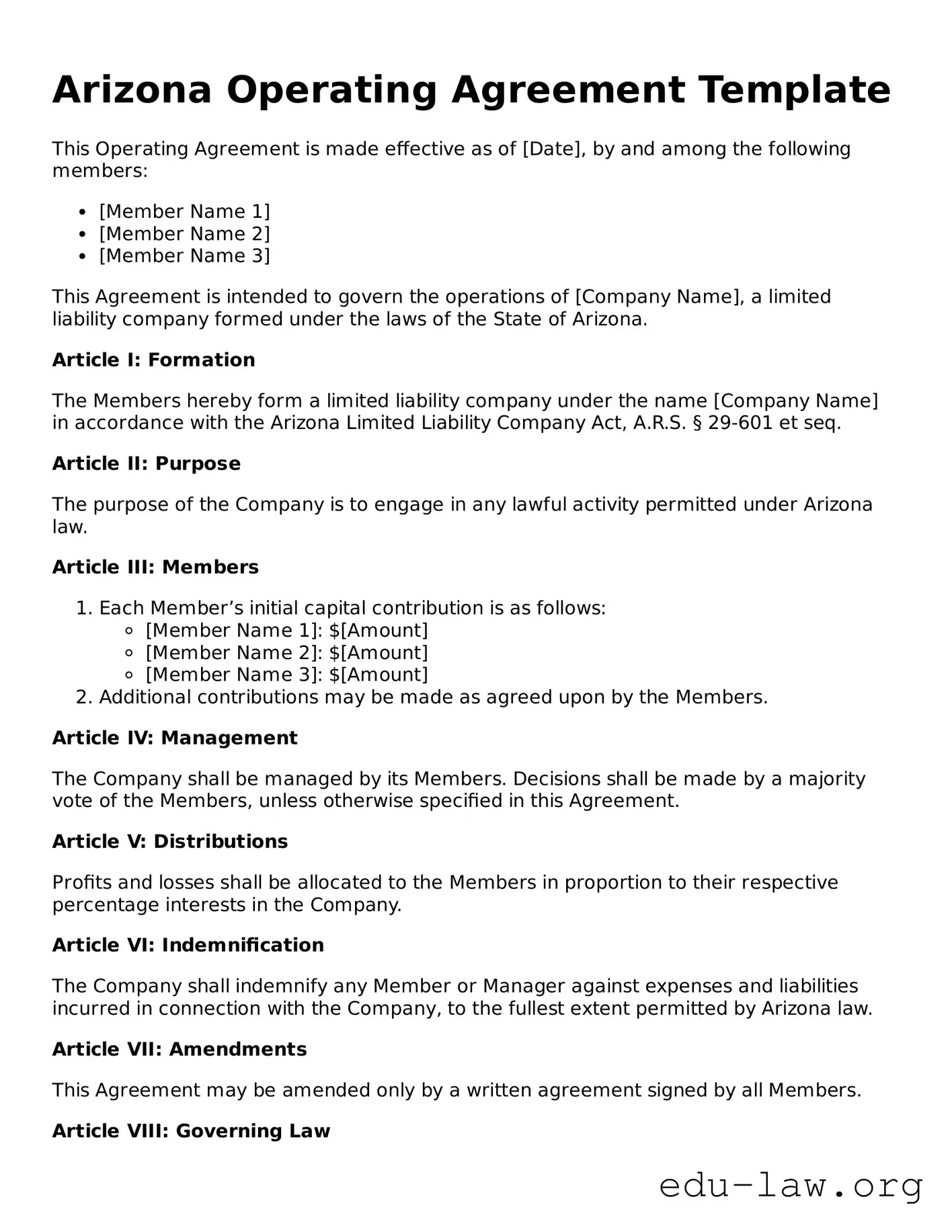 Legal  Operating Agreement Template for Arizona