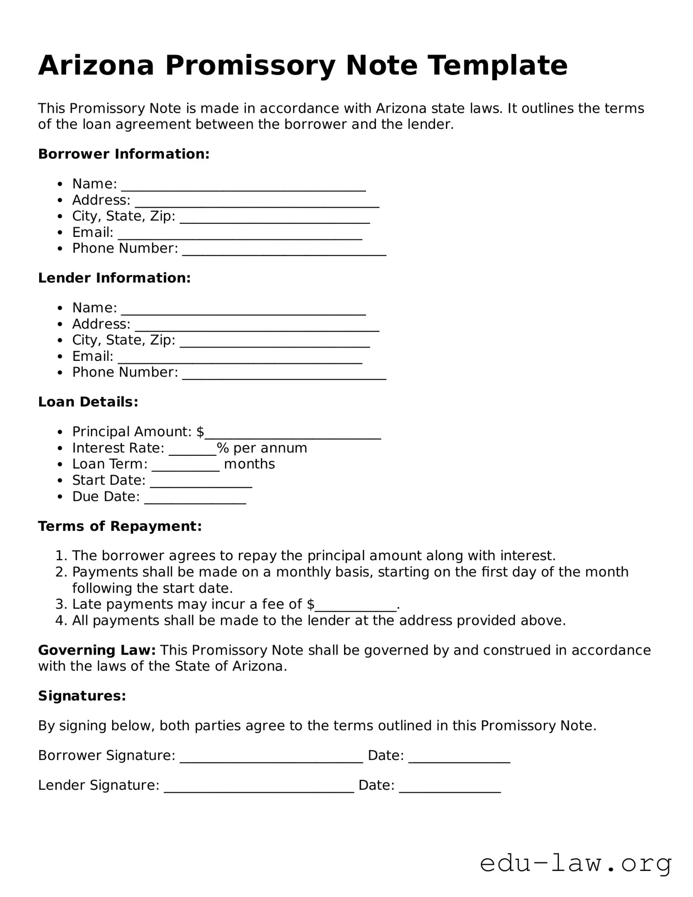Legal  Promissory Note Template for Arizona