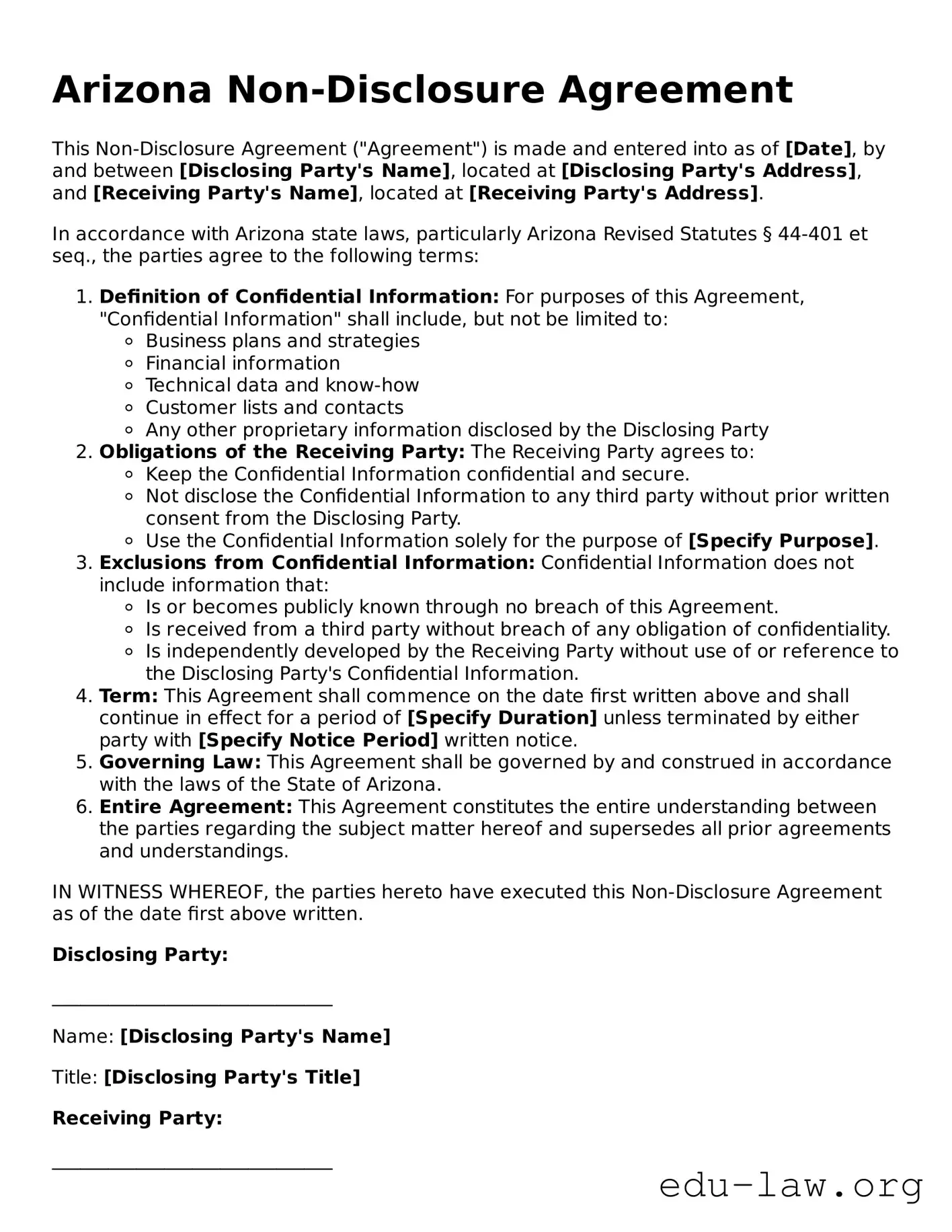 Legal  Non-disclosure Agreement Template for Arizona