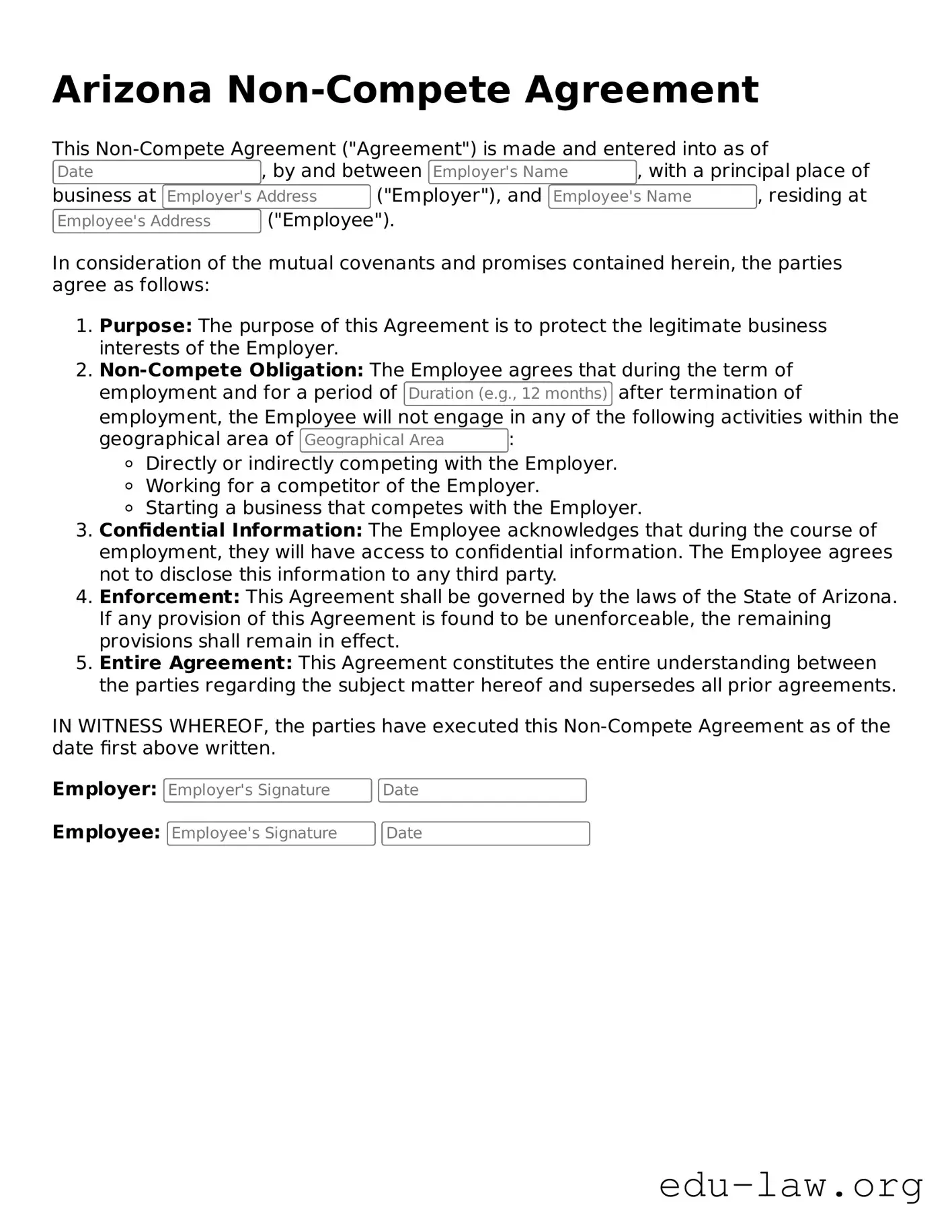 Legal  Non-compete Agreement Template for Arizona