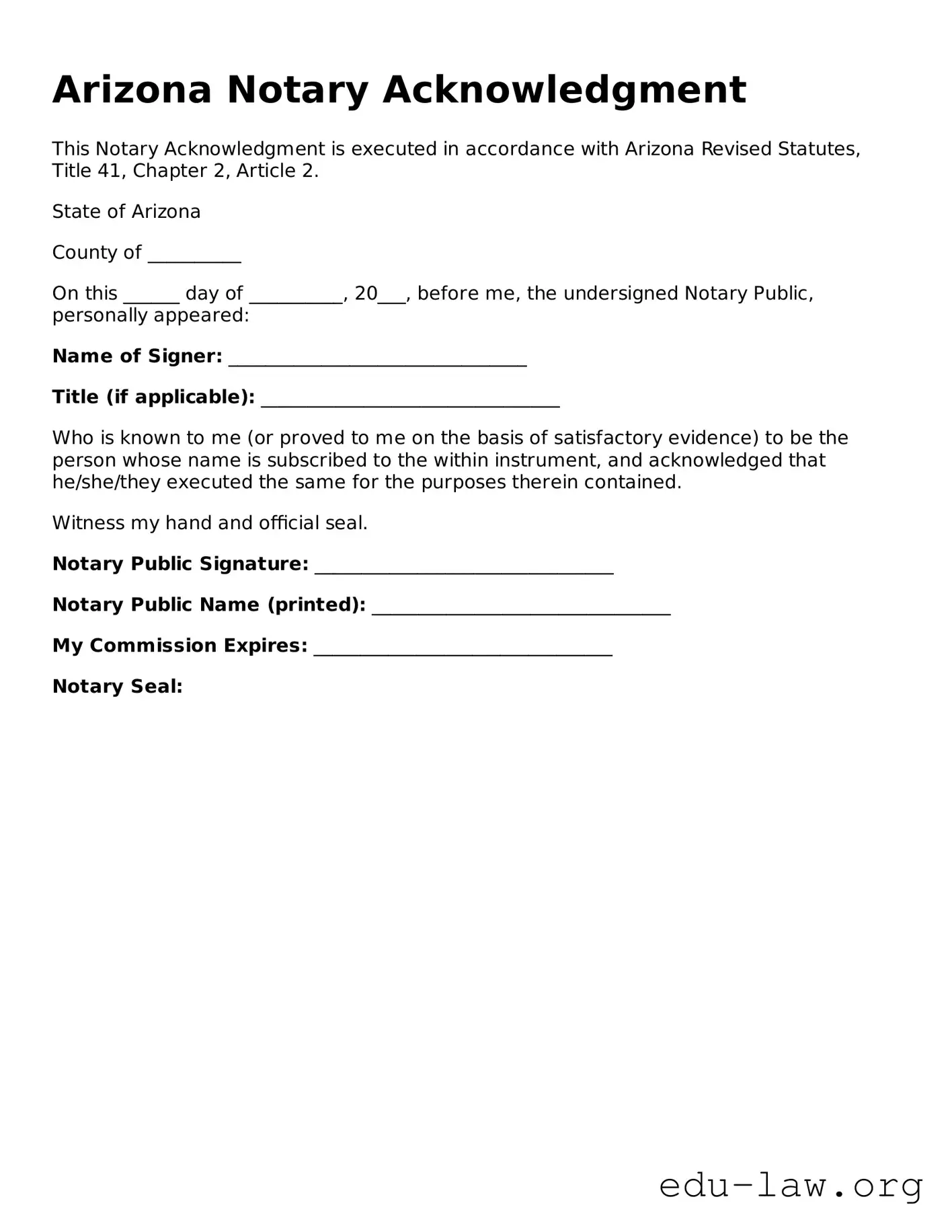 Legal  Notary Acknowledgement Template for Arizona