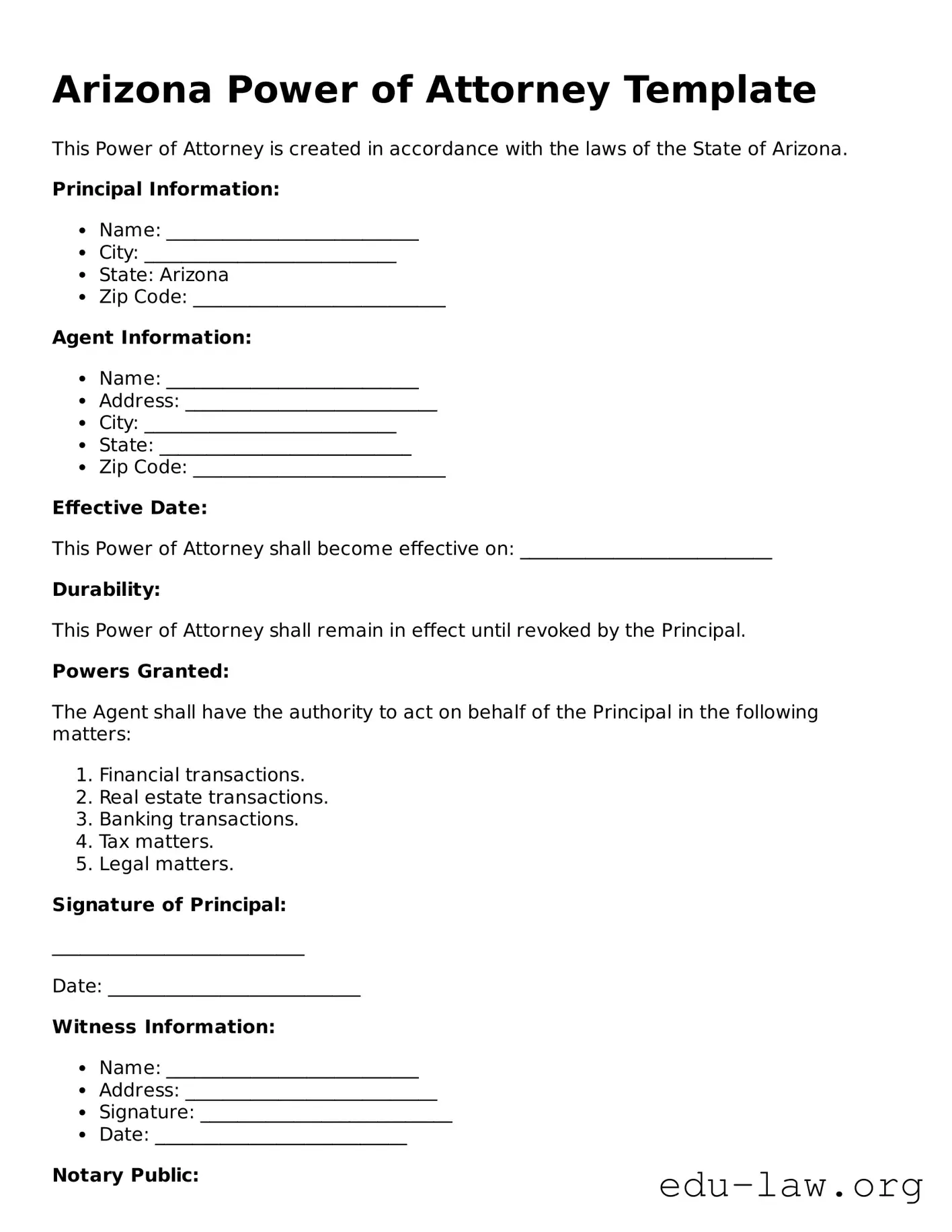 Legal  Power of Attorney Template for Arizona