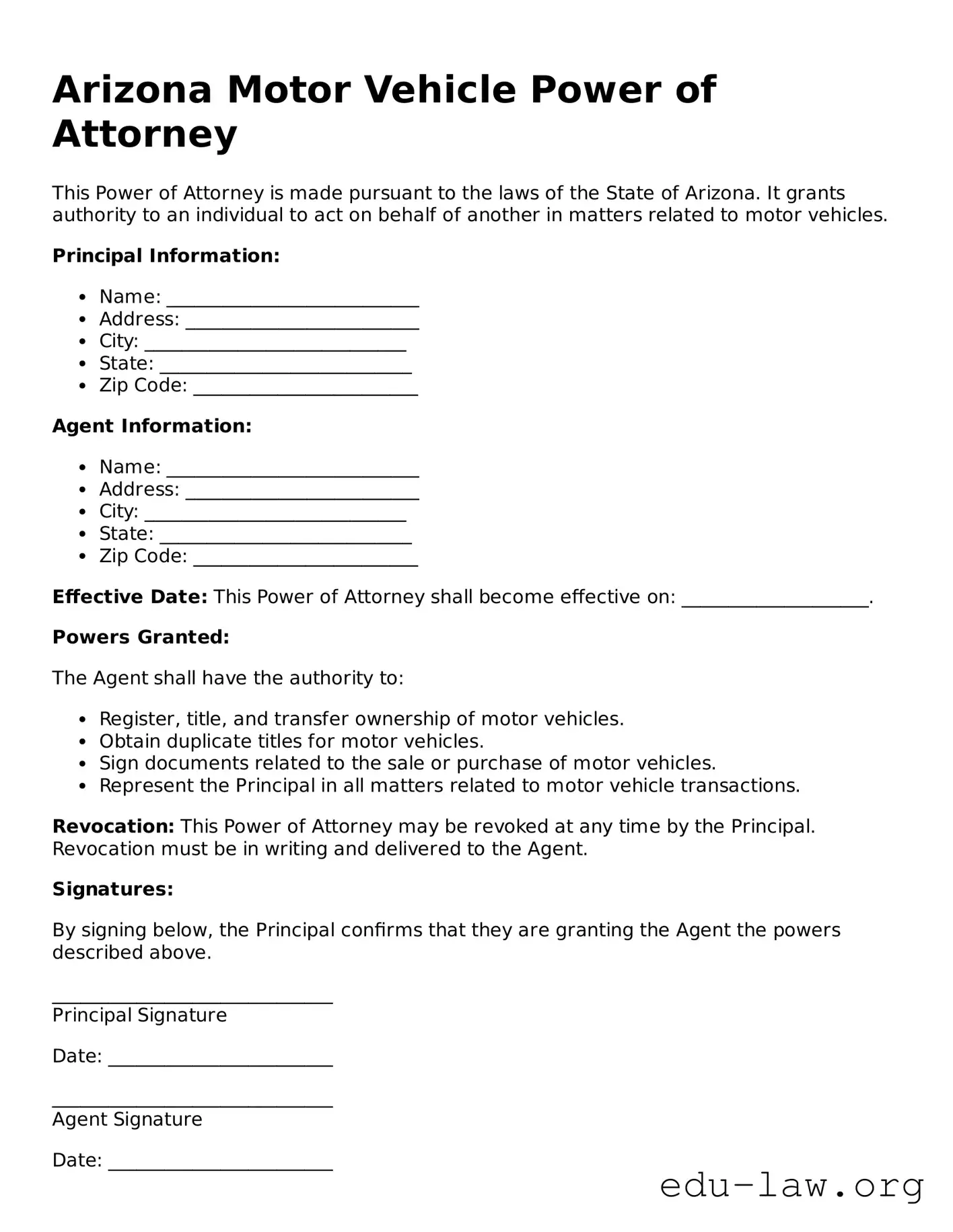 Legal  Motor Vehicle Power of Attorney Template for Arizona