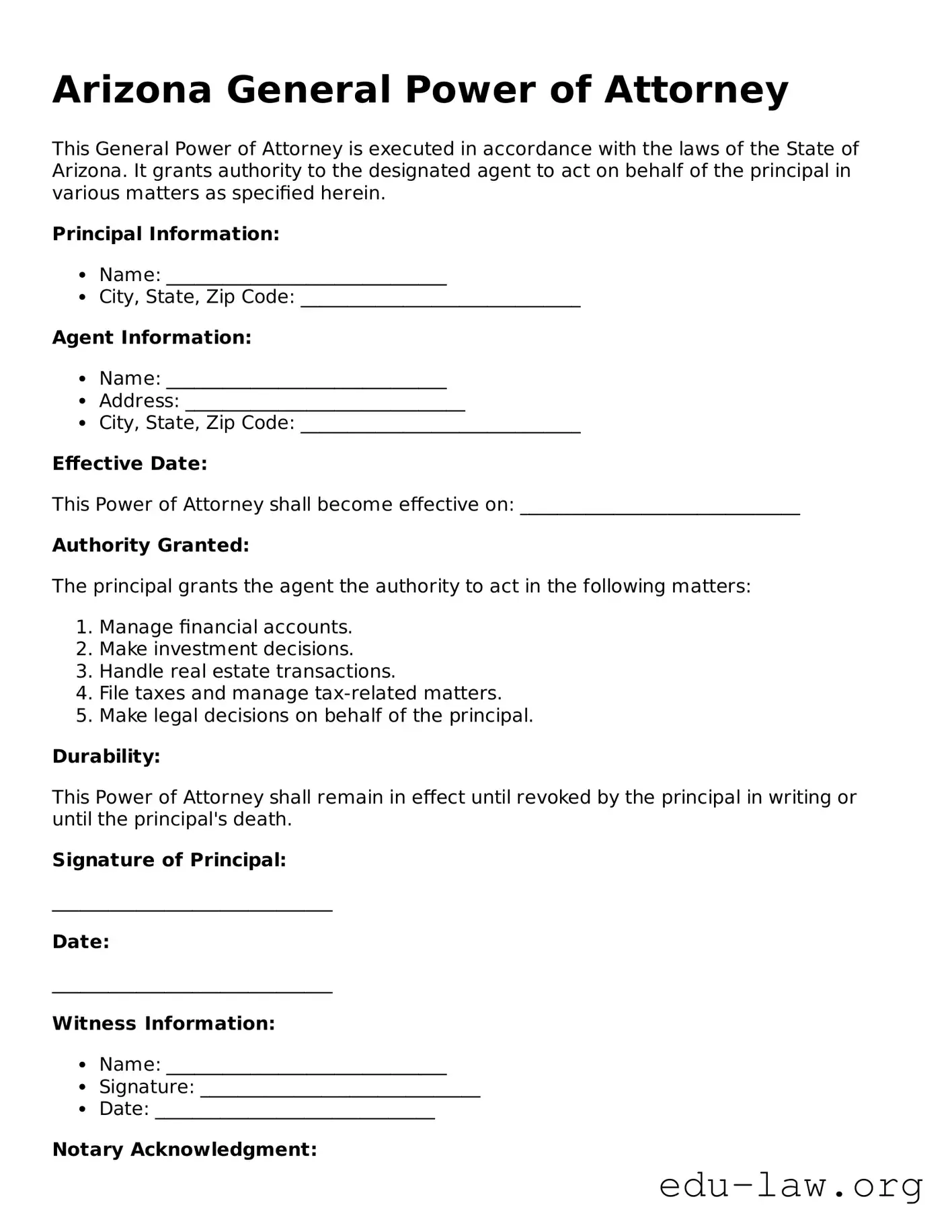 Legal  General Power of Attorney Template for Arizona