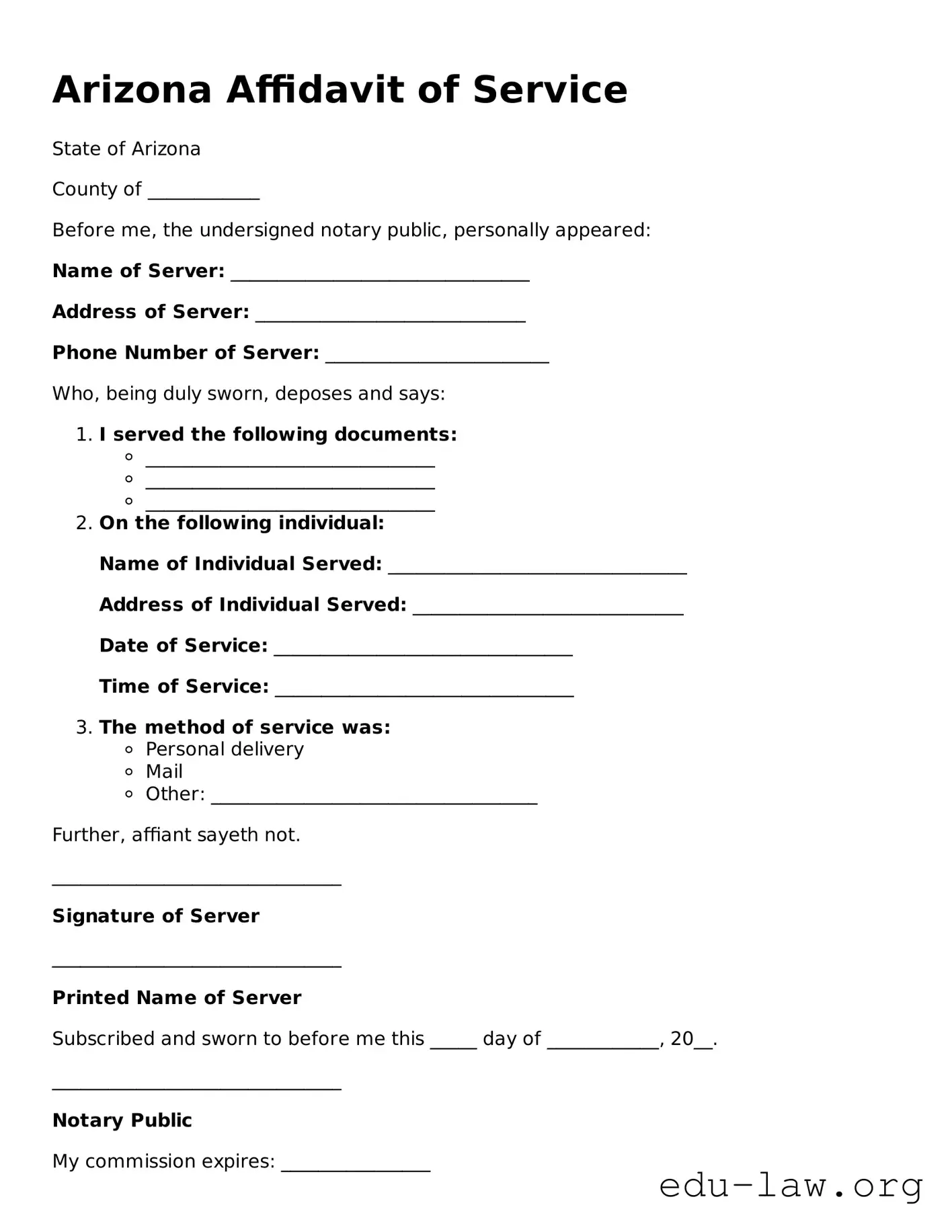 Legal  Affidavit of Service Template for Arizona