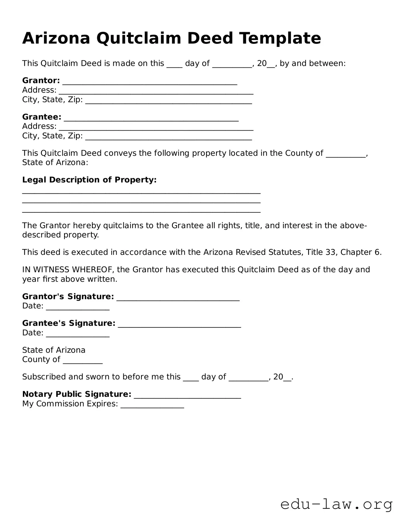 Legal  Quitclaim Deed Template for Arizona