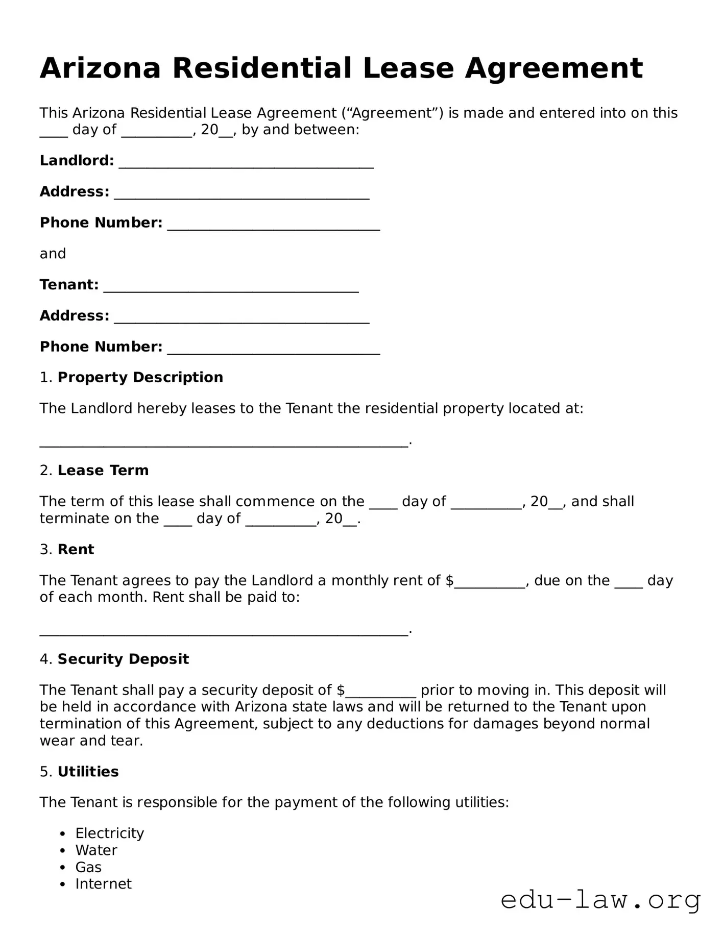 Legal  Residential Lease Agreement Template for Arizona