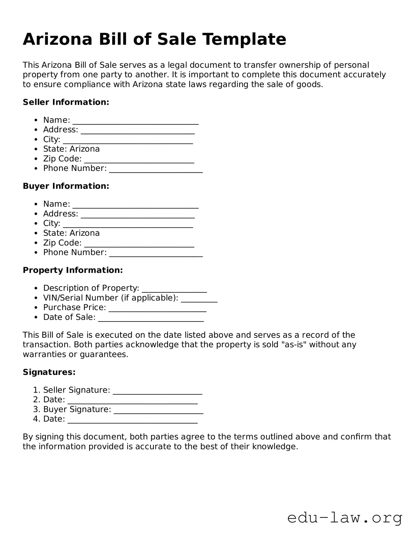 Legal  Bill of Sale Template for Arizona