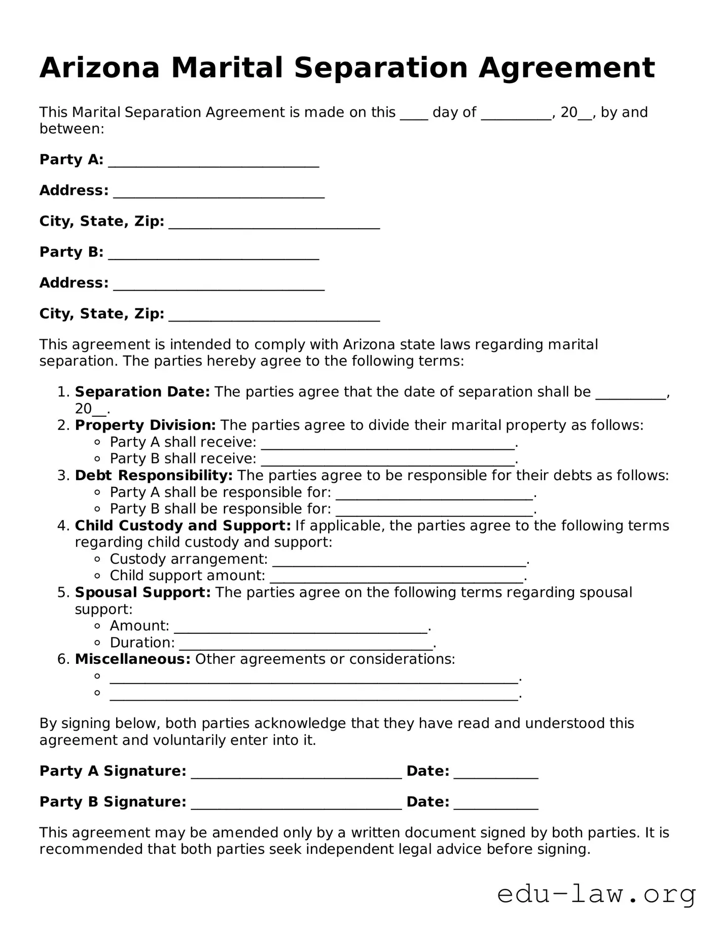 Legal  Marital Separation Agreement Template for Arizona