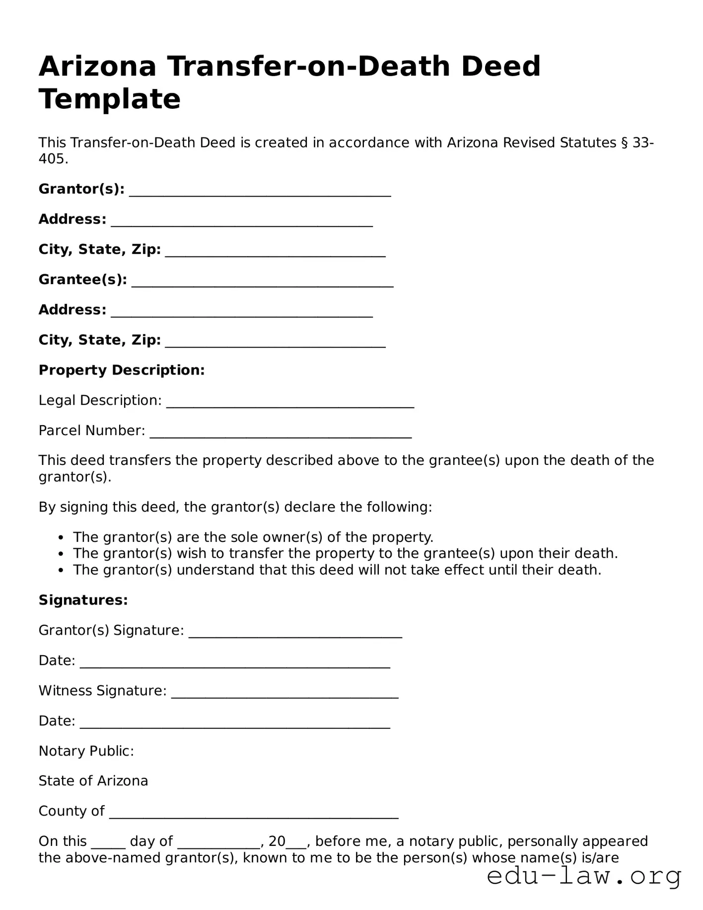 Legal  Transfer-on-Death Deed Template for Arizona