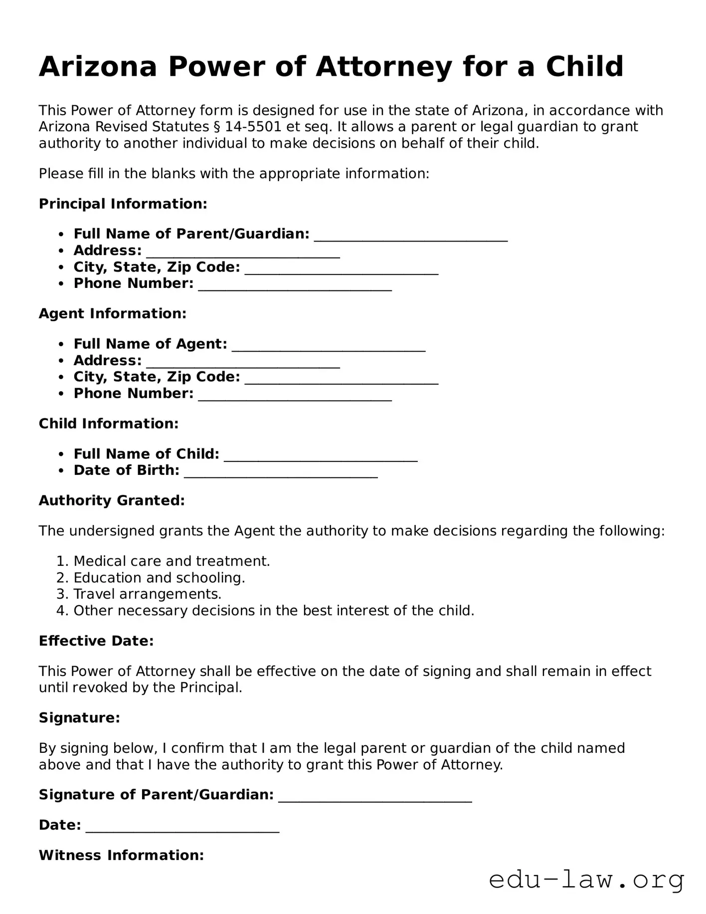 Legal  Power of Attorney for a Child Template for Arizona