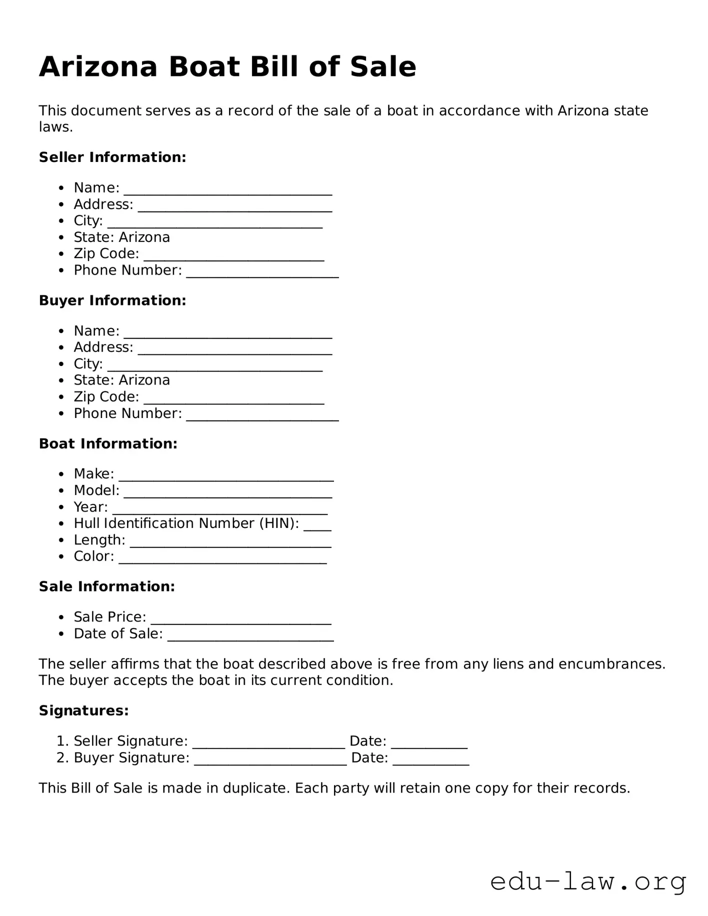 Legal  Boat Bill of Sale Template for Arizona