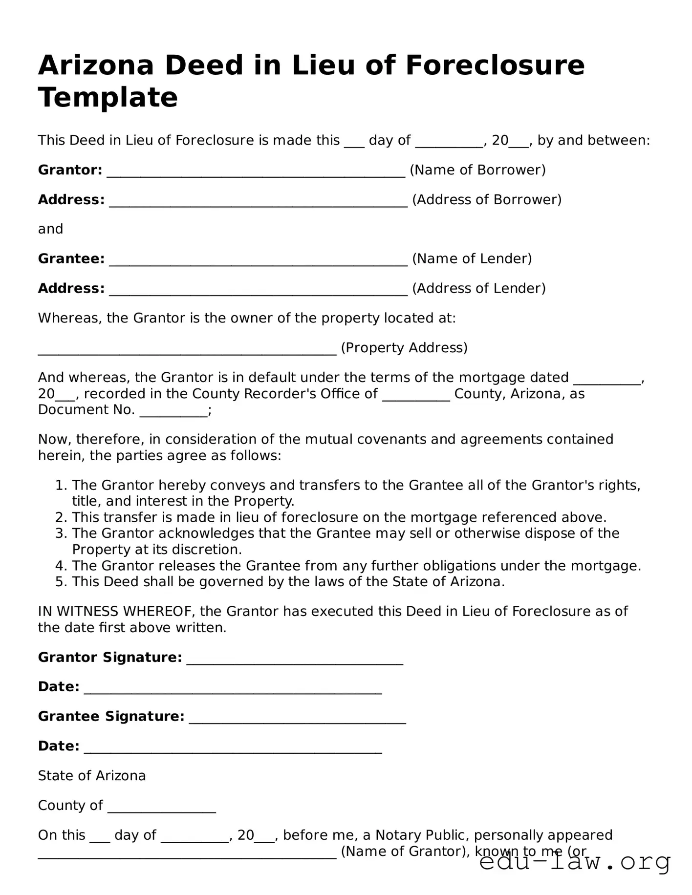 Legal  Deed in Lieu of Foreclosure Template for Arizona