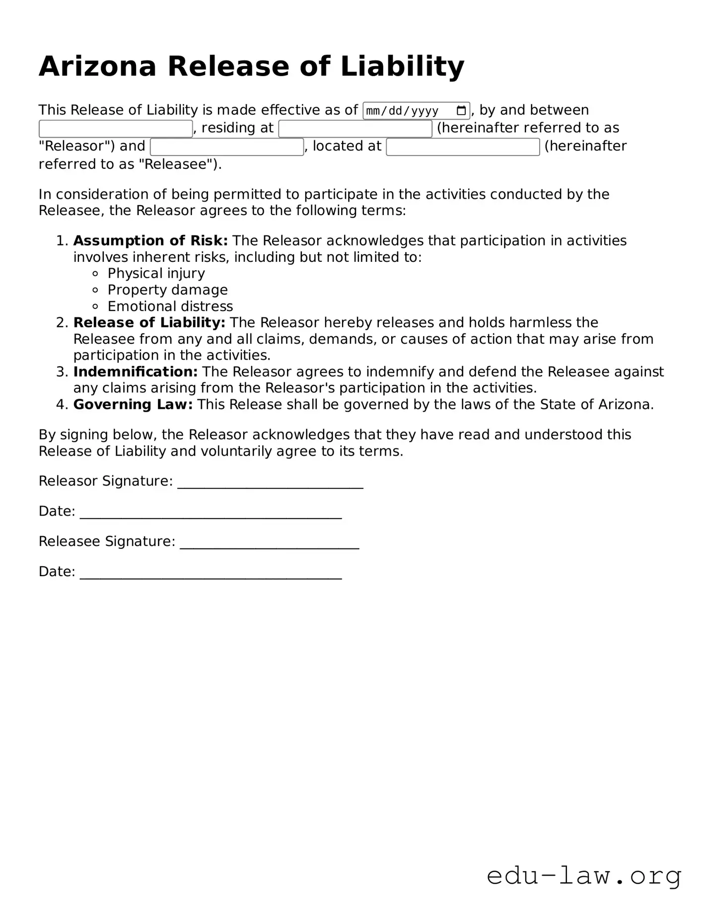 Legal  Release of Liability Template for Arizona