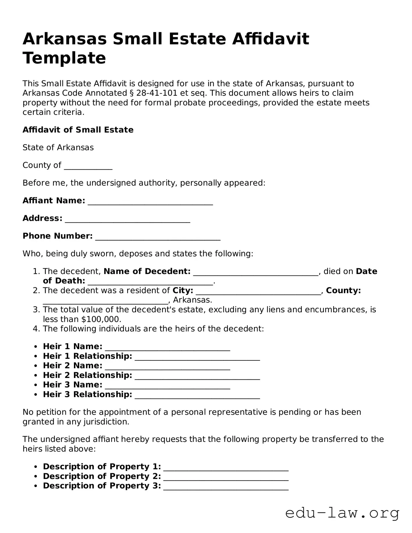 Legal  Small Estate Affidavit Template for Arkansas
