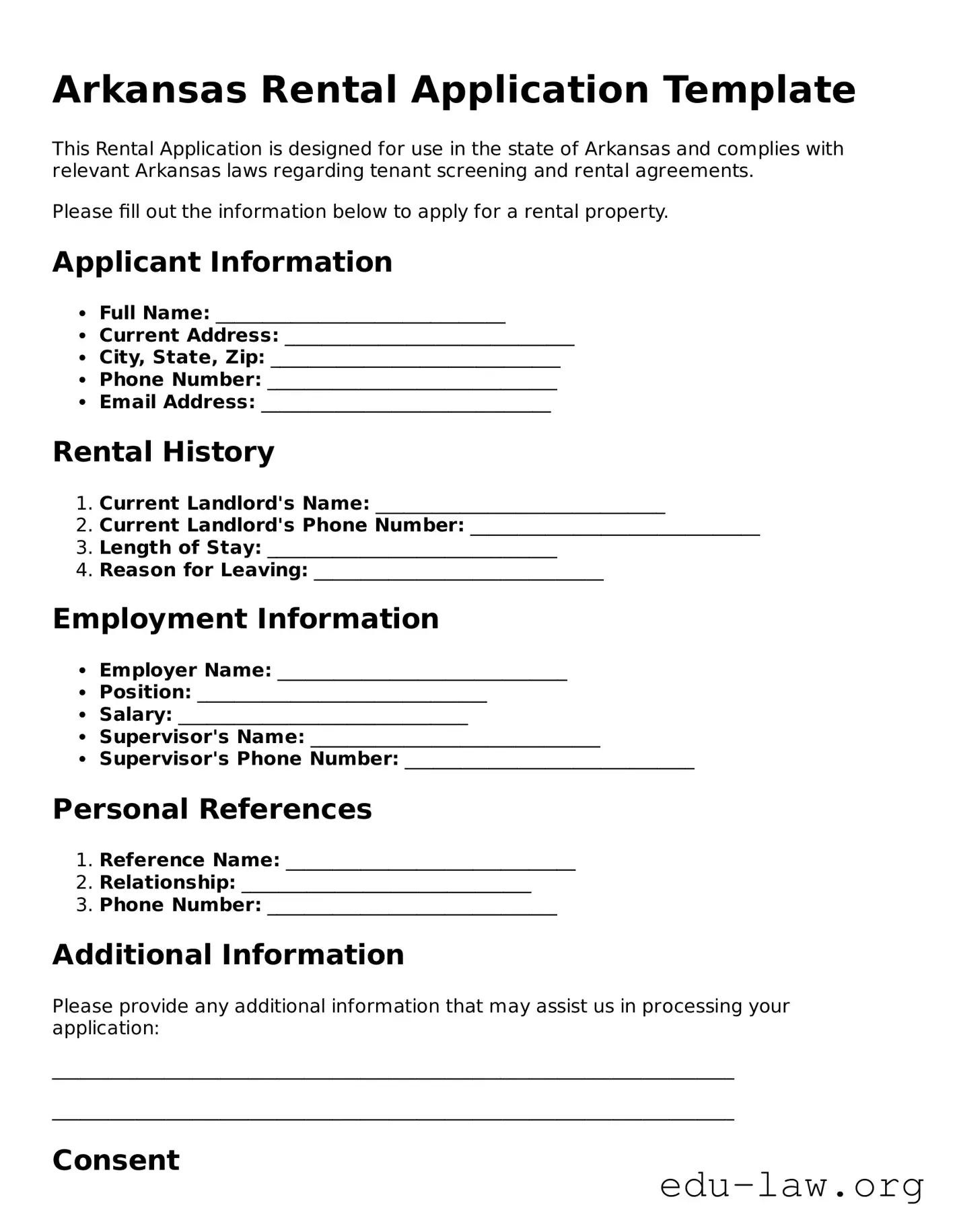 Legal  Rental Application Template for Arkansas