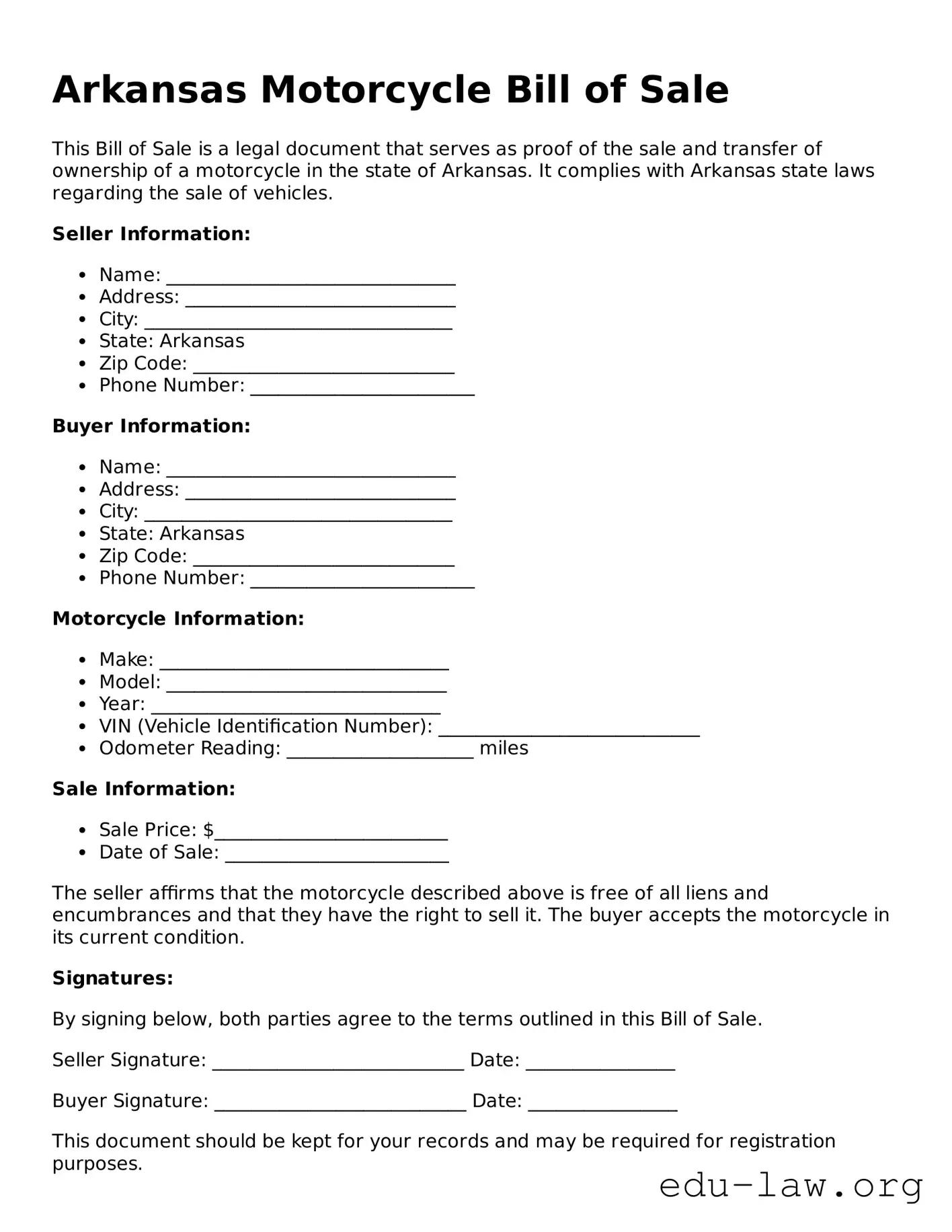 Legal  Motorcycle Bill of Sale Template for Arkansas