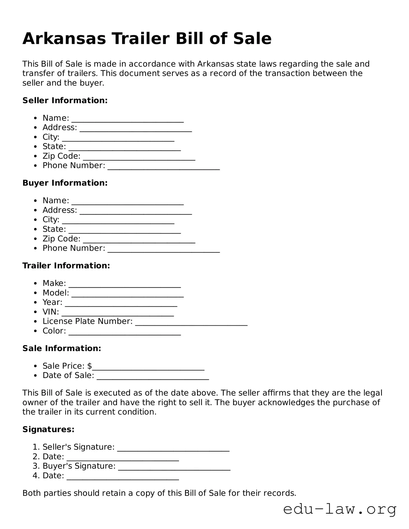 Legal  Trailer Bill of Sale Template for Arkansas