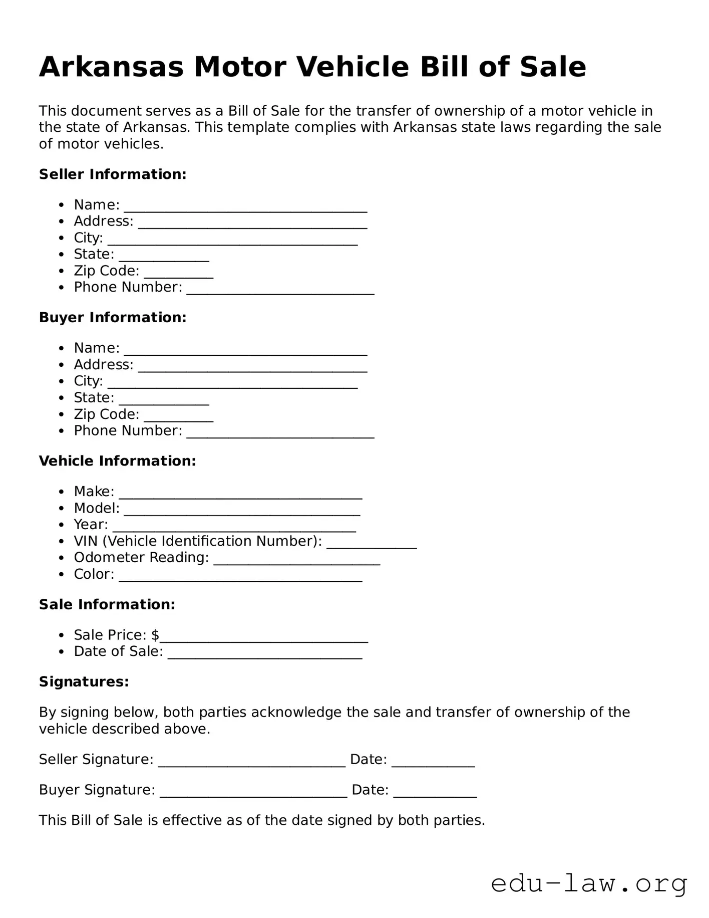 Legal  Motor Vehicle Bill of Sale Template for Arkansas
