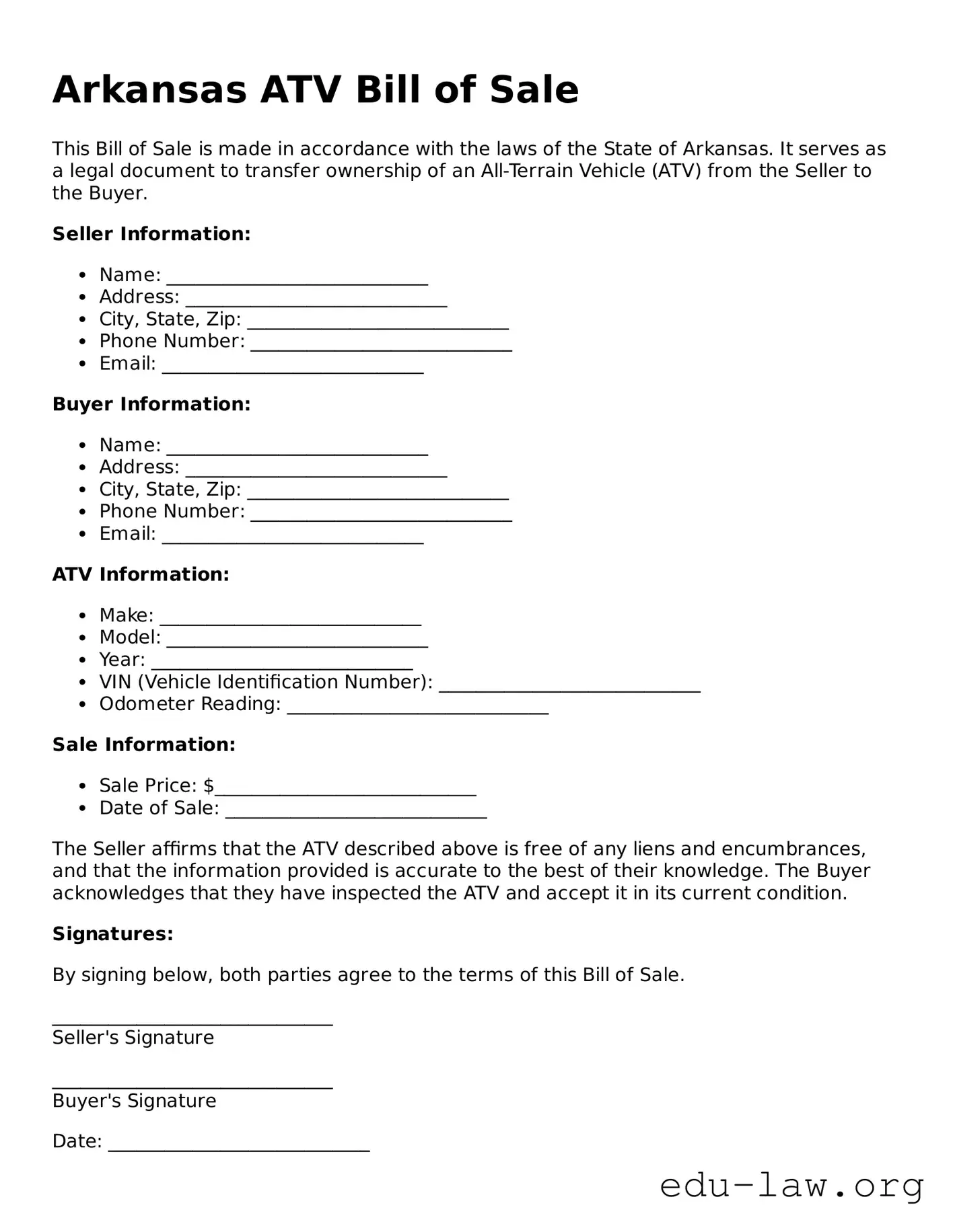 Legal  ATV Bill of Sale Template for Arkansas
