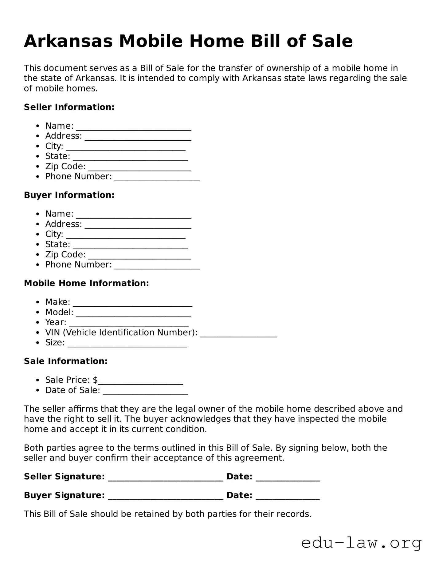 Legal  Mobile Home Bill of Sale Template for Arkansas