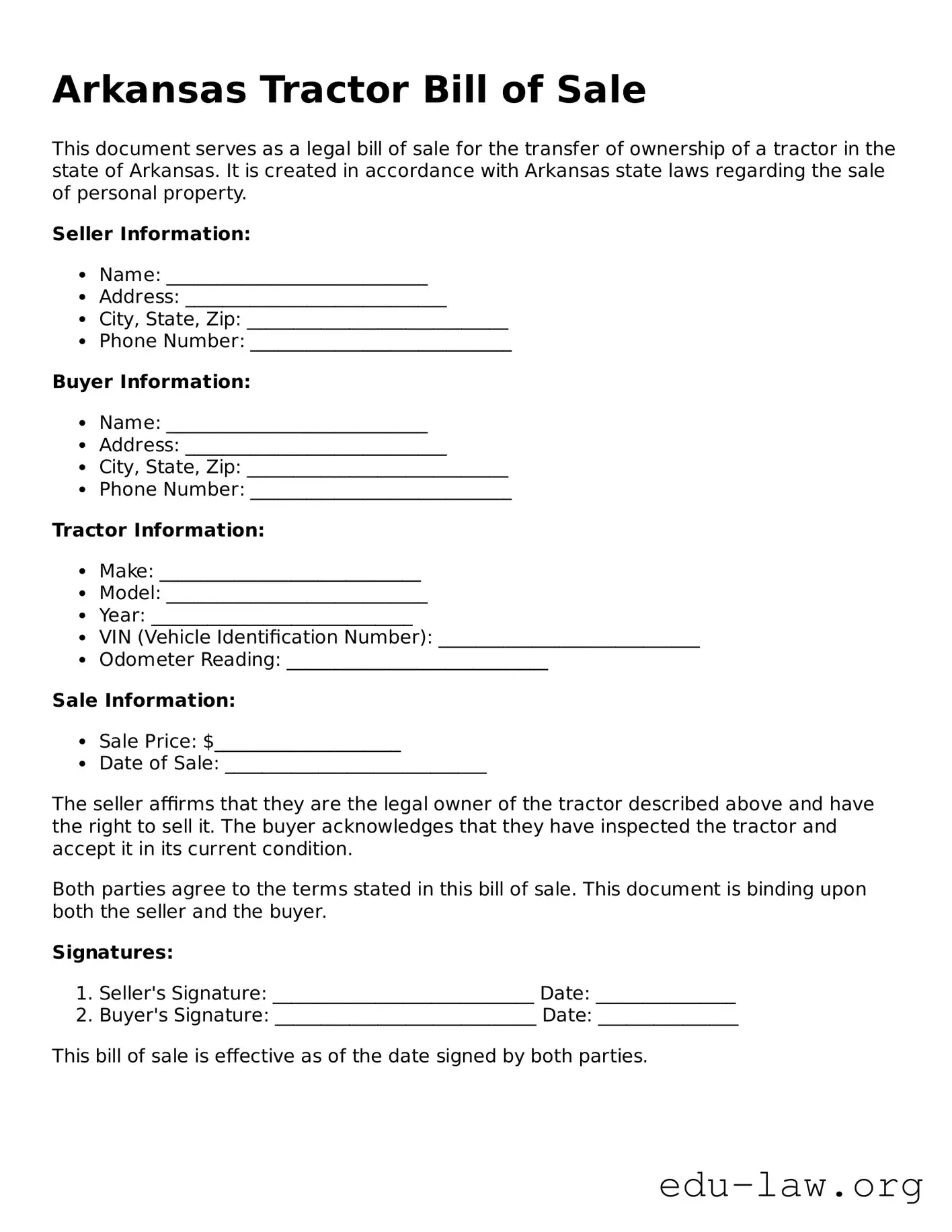 Legal  Tractor Bill of Sale Template for Arkansas