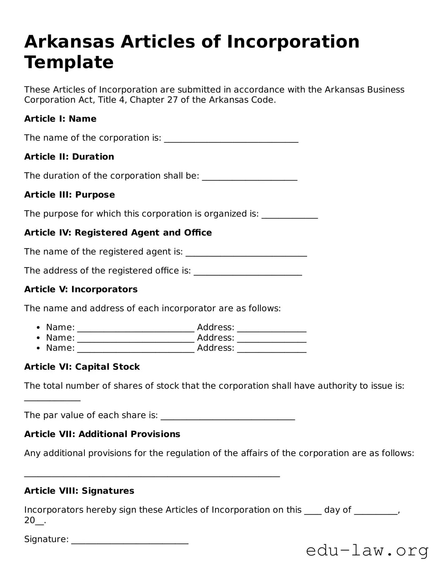 Legal  Articles of Incorporation Template for Arkansas