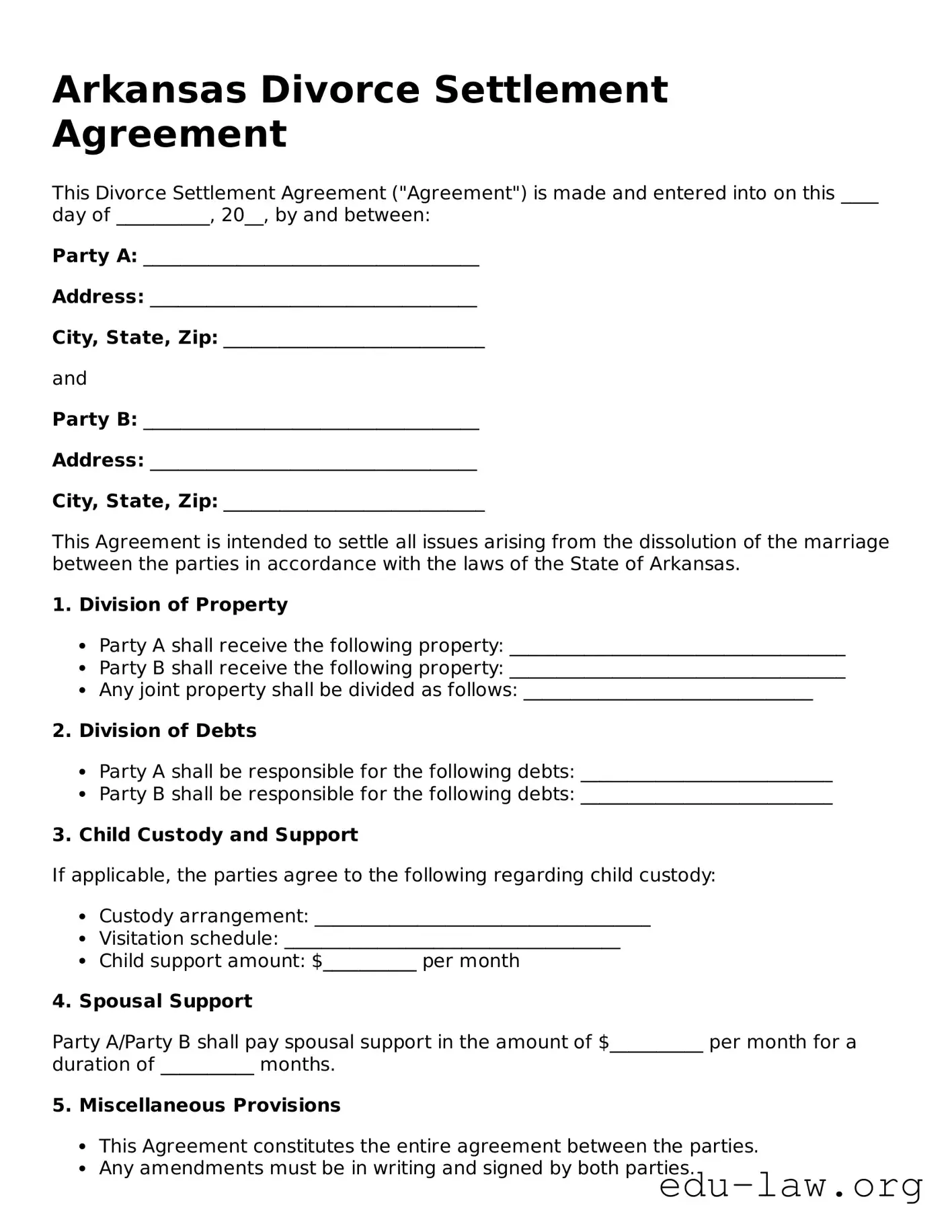 Legal  Divorce Settlement Agreement Template for Arkansas