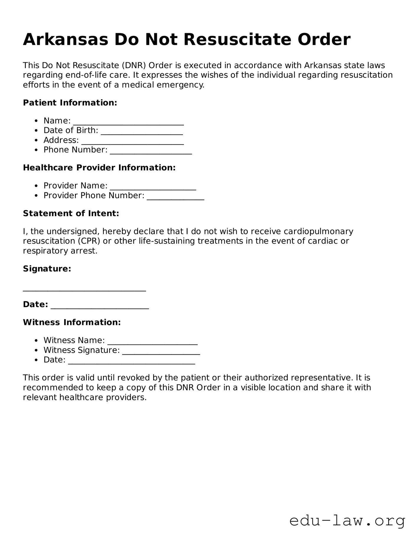 Legal  Do Not Resuscitate Order Template for Arkansas
