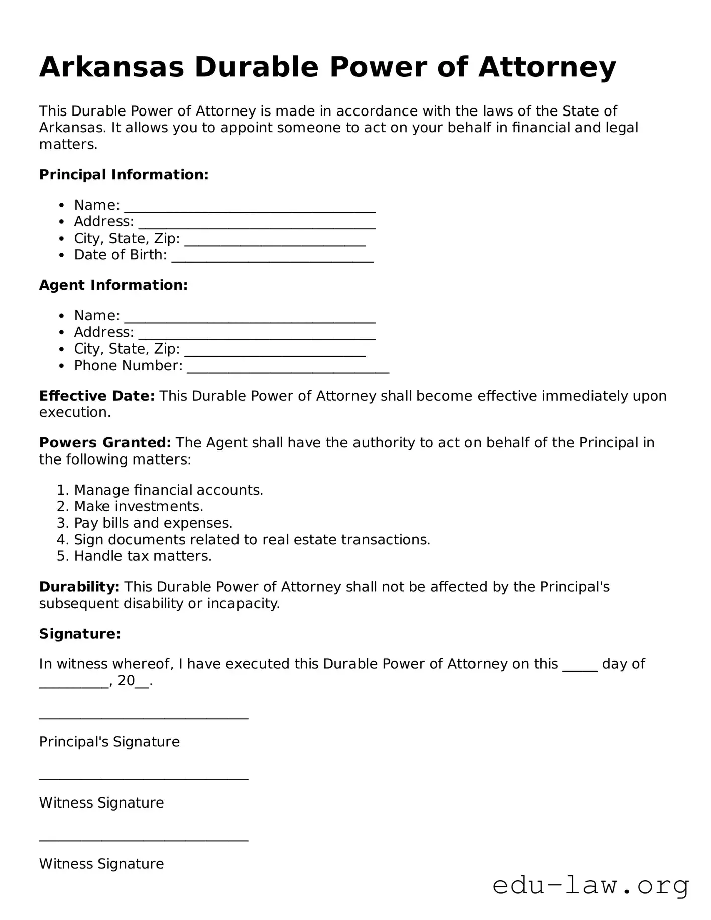 Legal  Durable Power of Attorney Template for Arkansas