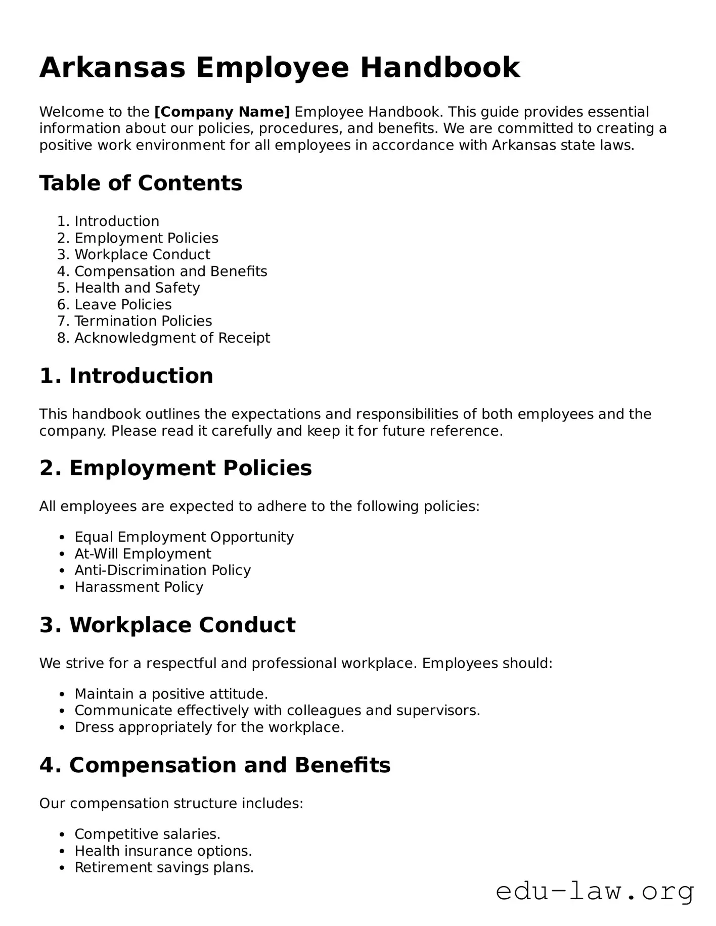 Legal  Employee Handbook Template for Arkansas