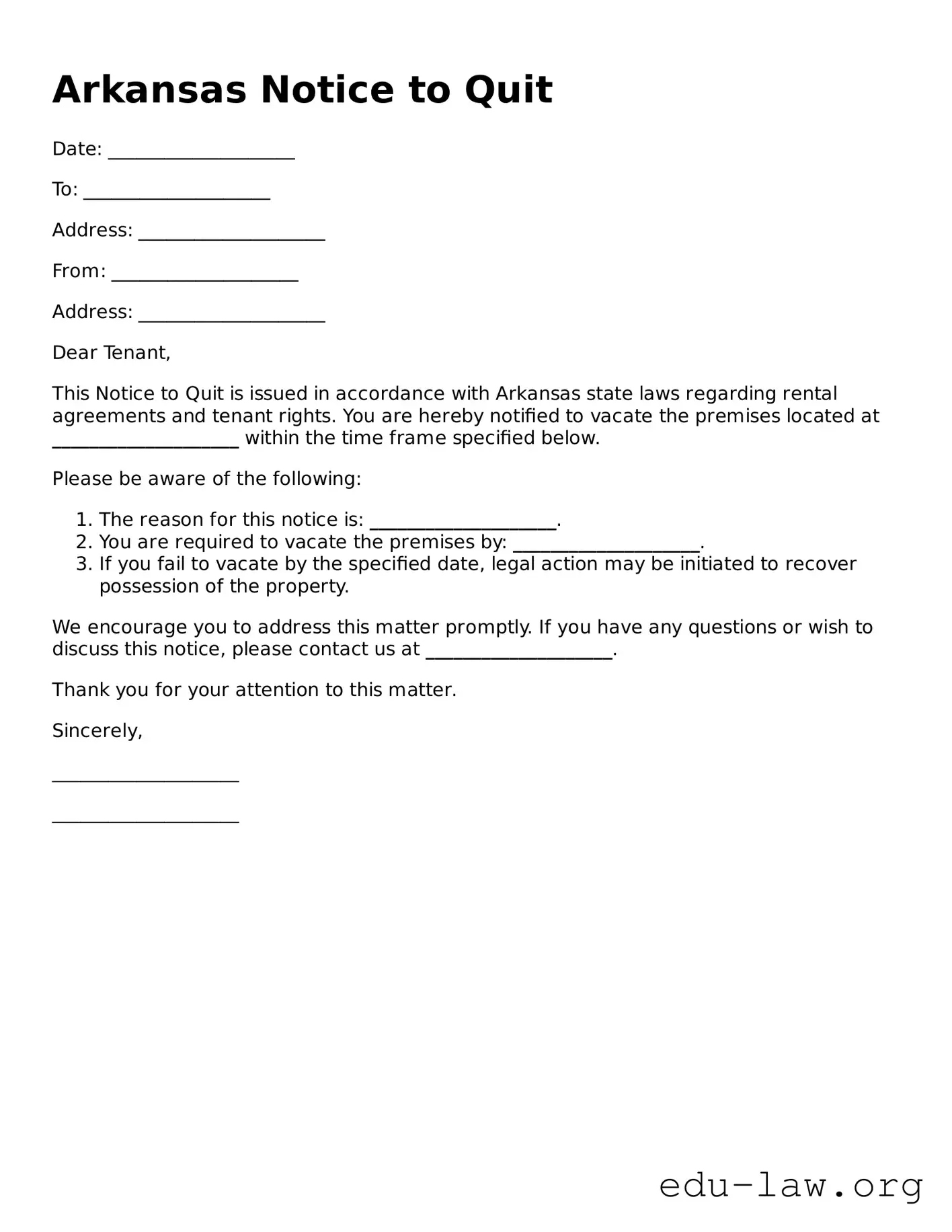 Legal  Notice to Quit Template for Arkansas