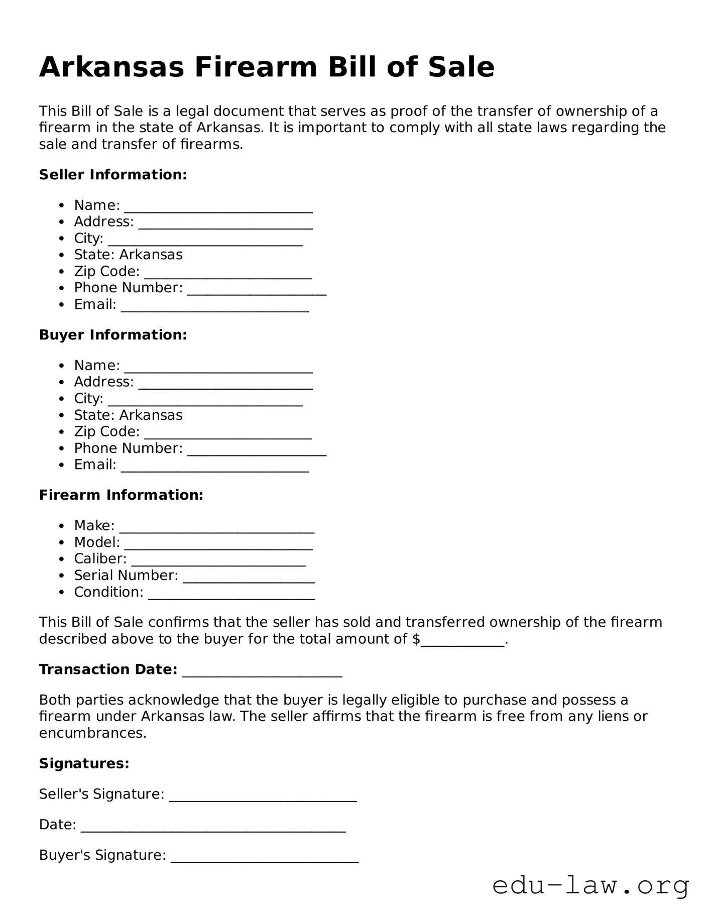 Legal  Firearm Bill of Sale Template for Arkansas